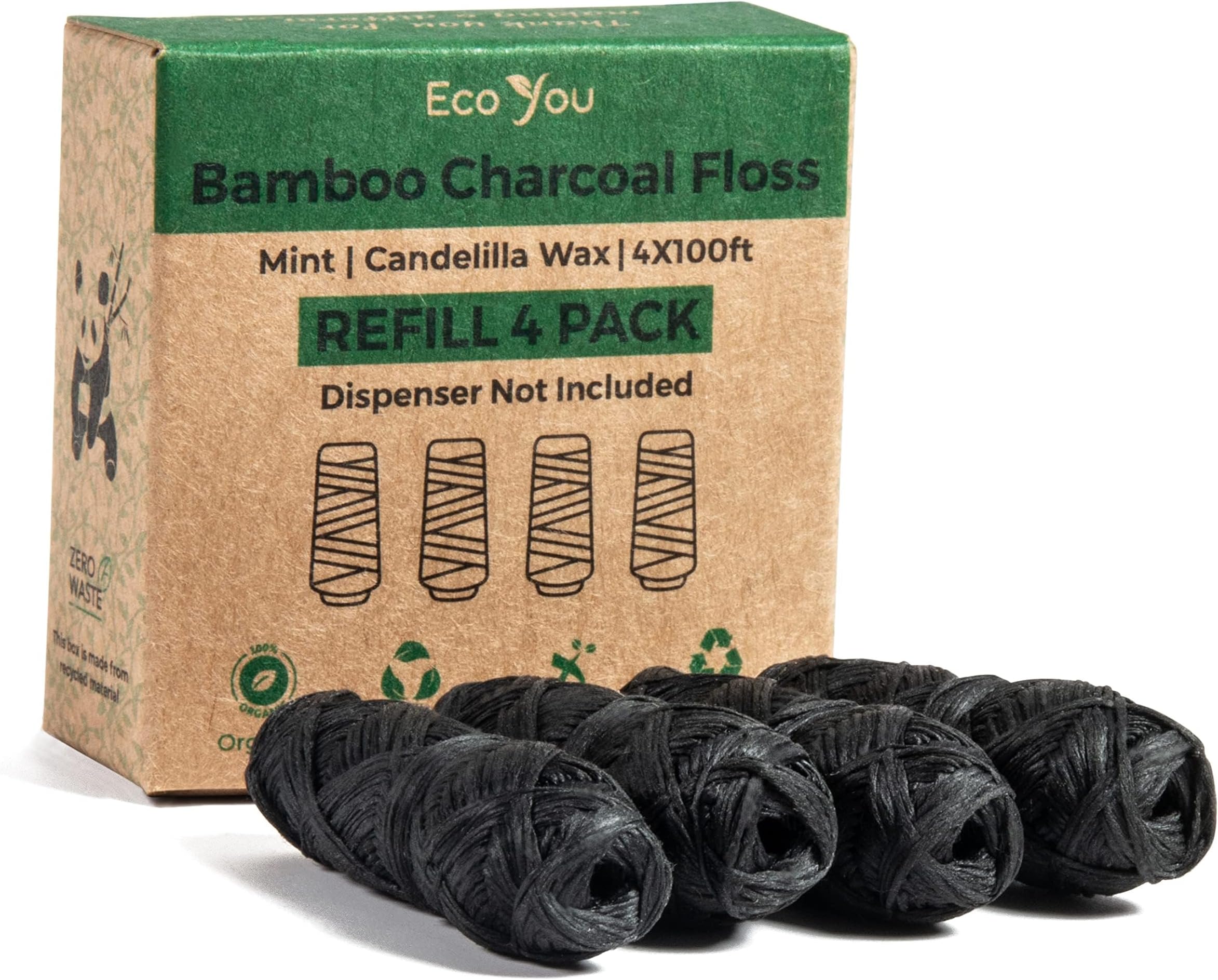 Bamboo Dental Floss Refill - 4X99 FT Biodegradable, Mint & Candelilla Wax, Charcoal Eco Floss