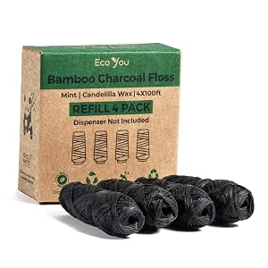 Bamboo Charcoal Dental Floss Mint Candelilla Wax Vegan Biodegradable 4 Refills Pack Pfas Free