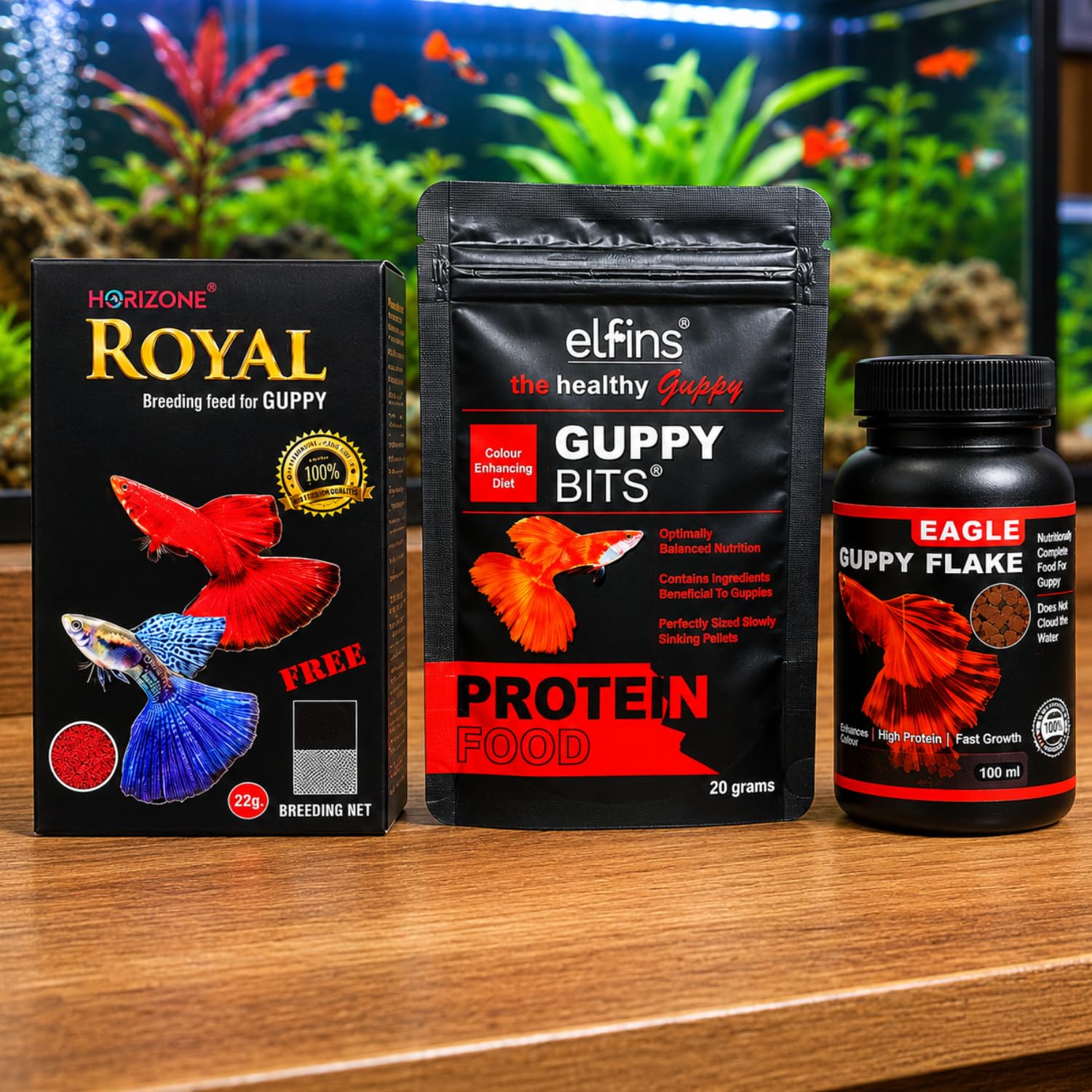 Horizone (Pack of 3) Healthy Food Combo for Guppy Fish | Elfins The Healthy Guppy Bits-20G, Horizone Royal Breeding for Guppy Fish-22G and Eagle Guppy Flake-100ML-image-30