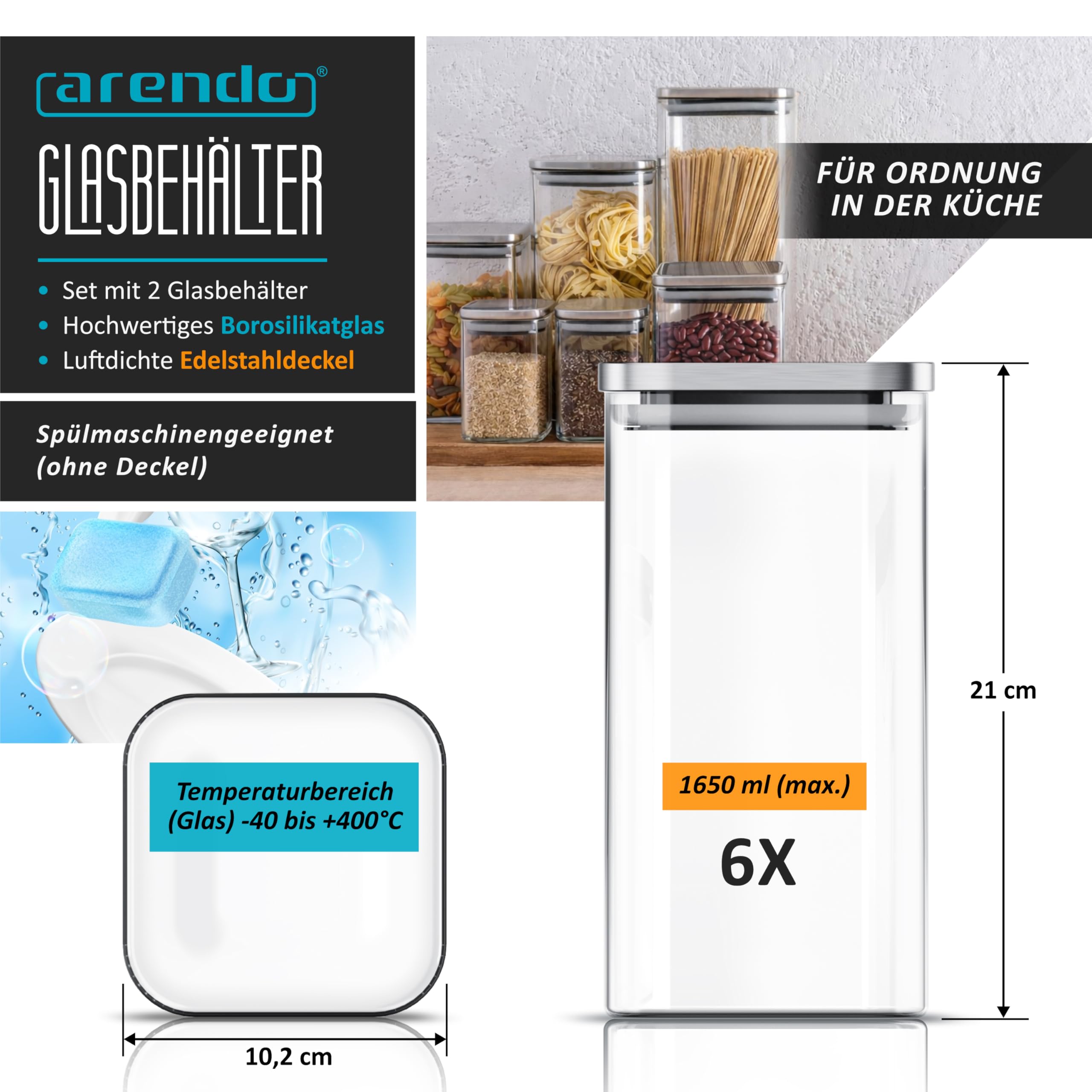 Arendo - Vorratsbehälter 1650ml mit Deckel Edelstahl - 6er Set - Behälter aus Glas – hitzebeständig – Vorratsdosen/Vorratsgläser mit Edelstahl Deckel - luftdicht - für Müsli Zucker Mehl Kaffee