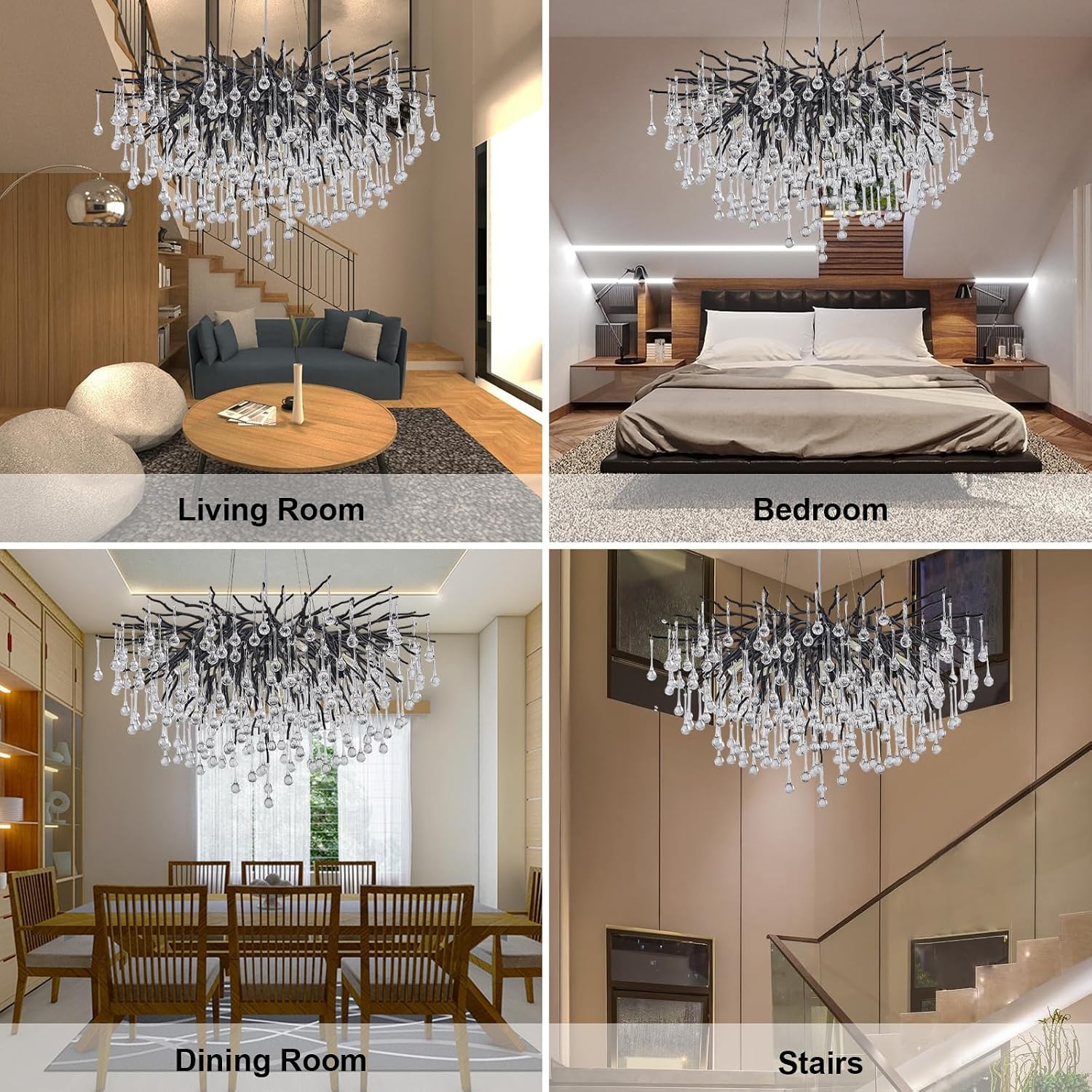 31inch Modern Raindrop Chandelier, Black Ceiling Pendant Flower Hanging Lighting Tree Branch Crystal Chandelier Light Fixture for Bedroom, Living Room, Dining Room, Foyer