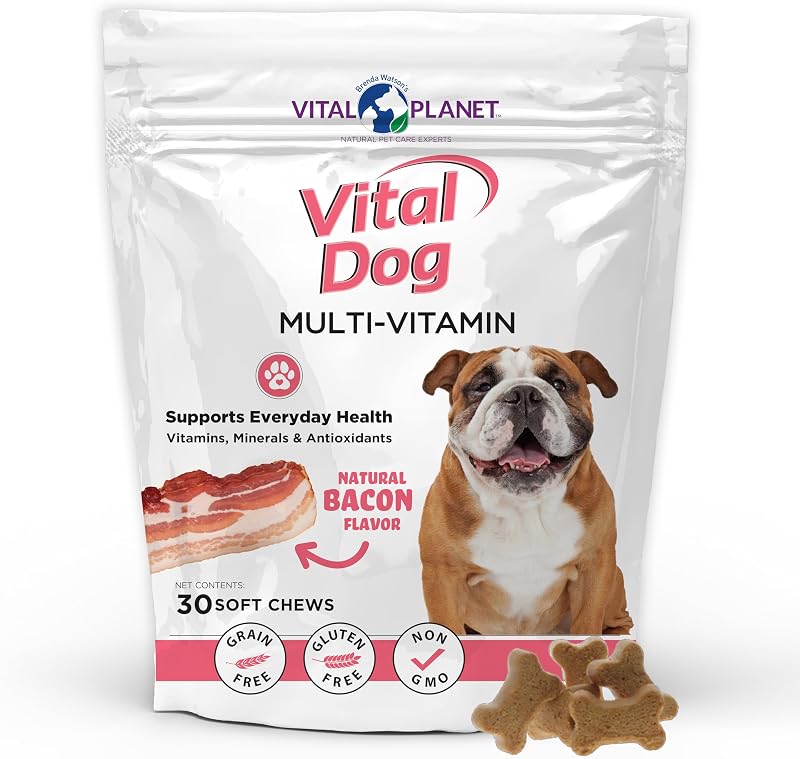 Vital Planet - Vital Dog Multivitamínico para la salud diaria con vitaminas, minerales y antioxidantes - 30 masticables suaves con sabor a tocino