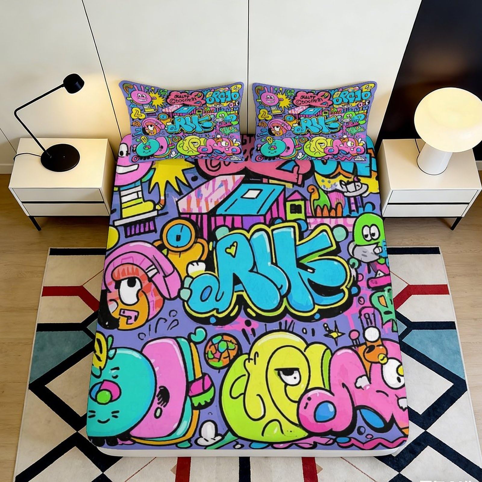 Pnayamiorkfel Style-8 3D Printed Graffiti Cartoon Fitted Sheet Microfiber Vibrant Urban Art Bed Cover For Bedroom Guest Room Dorm Mattress Protection 90X200x25cm