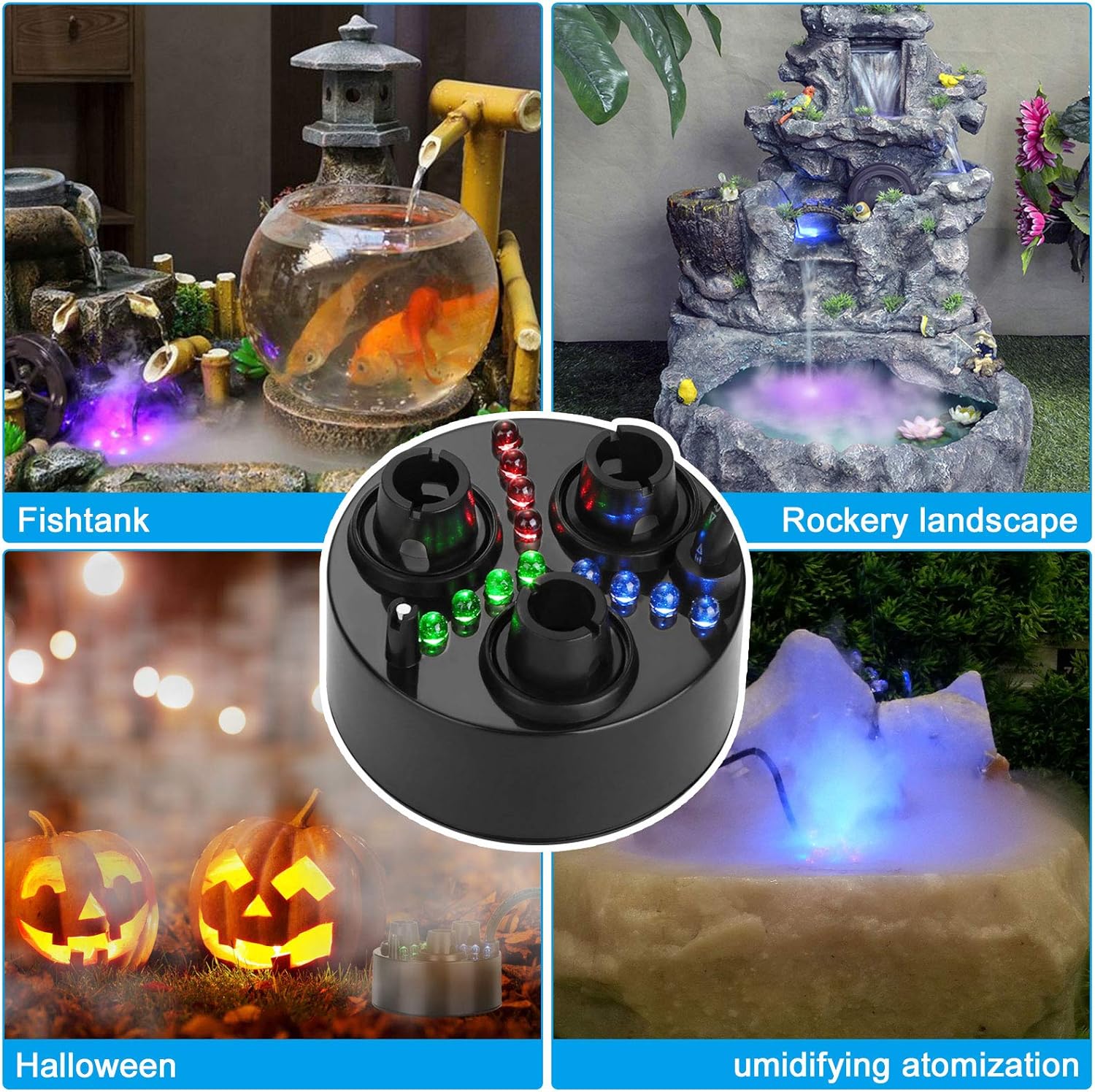 FITNATE Three-Head Mist Maker, Larger Fogger with 12 LED Light Fog Machine 1500ML/H Atomizer for Halloween, Pond, Garden, Rockery,Yard