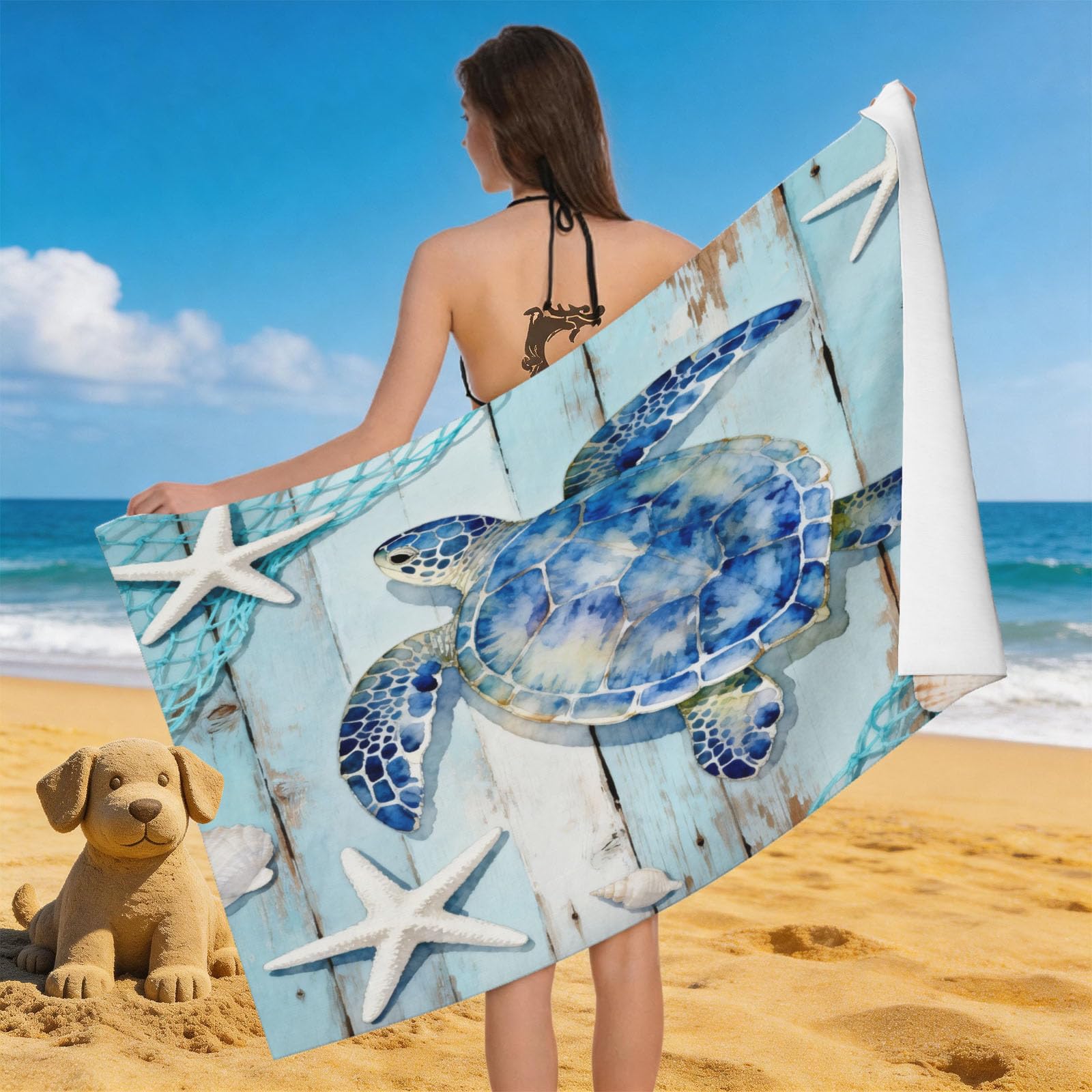 Leichong 3D Sea Turtle Beach Towel Large Microfiber Soft Quick Dry for Adults, Starfish Bath Towel Lightweight Soft Absorbent for Travel Swimming Pool Sports, 80 x 160 cm