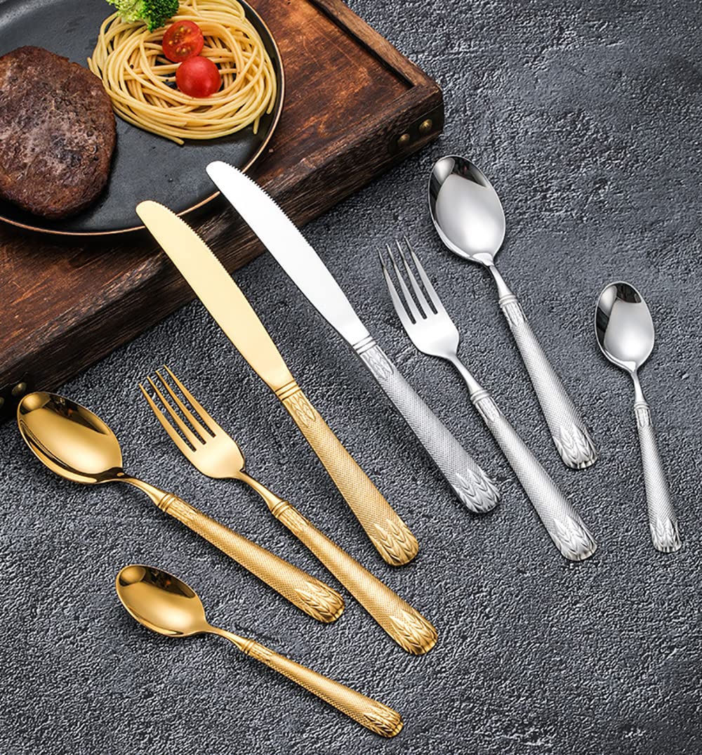 Edelstahlbesteck Besteckset, 24-teiliges Besteckset aus Edelstahl for 6 Personen mit Griffen in Weizenmuster, einschließlich Steakmessern, Gabeln und Besteck, spülmaschinenfest, Gold-Finish