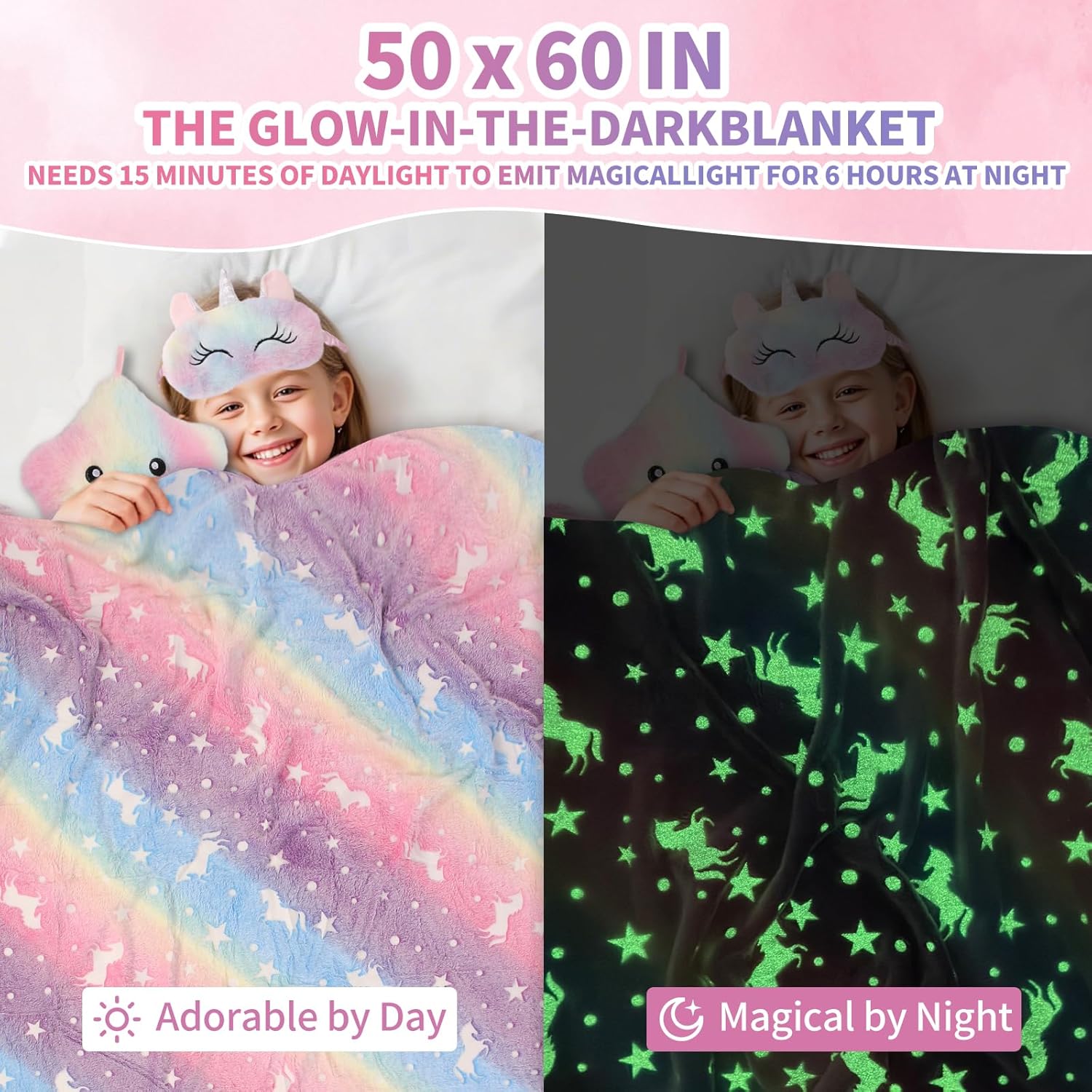 FIIOEOY Unicorn Gift Box for Girls Age 6-8, Unicorn Plush Toy Set with Glow in The Dark Blanket Light Up Star Pillow Eye Mask Crossbody Bag, Birthday Gifts for Daughter Niece