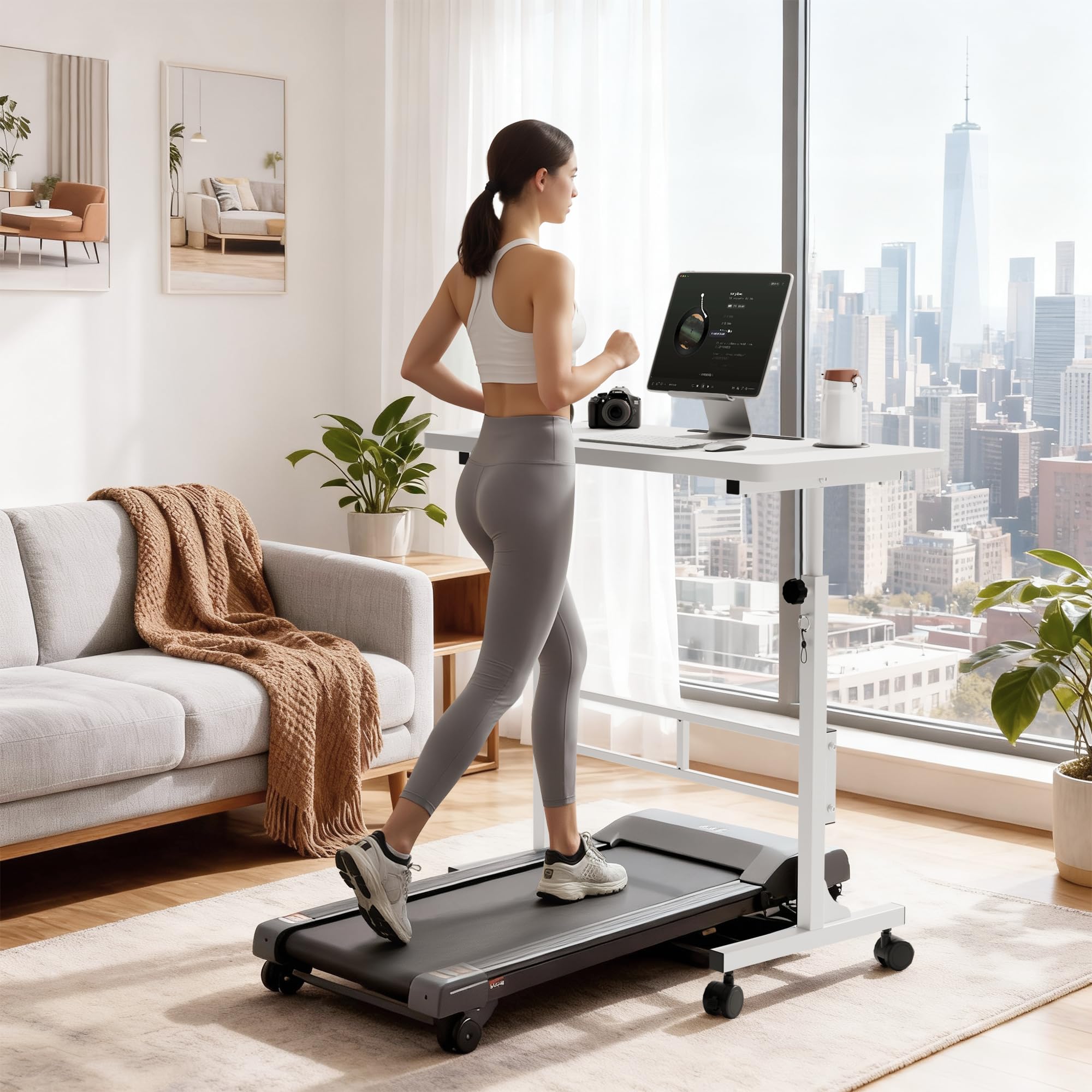 Furmax Small Portable Standing Desk Adjustable Height Mobile Stand Laptop Computer Workstation with Lockable Wheels for Walking Pad — view 2