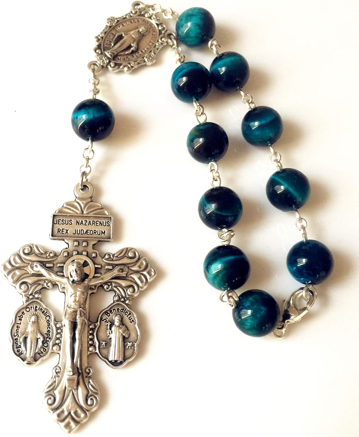 elegantmedical Handmade Peacock bule Tiger Eye Jade Beads car rosary catholic Prayer one Decade Rosary Bracelet Pardon Crucifix Cross Gift - Image 5
