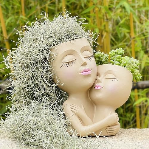 Miniatura 4 de SUQEFAN Macetas de cara de mujer para plantas de interior maceta de doble cabeza macetas de estatua femenina con drenaje para suculentas de interior