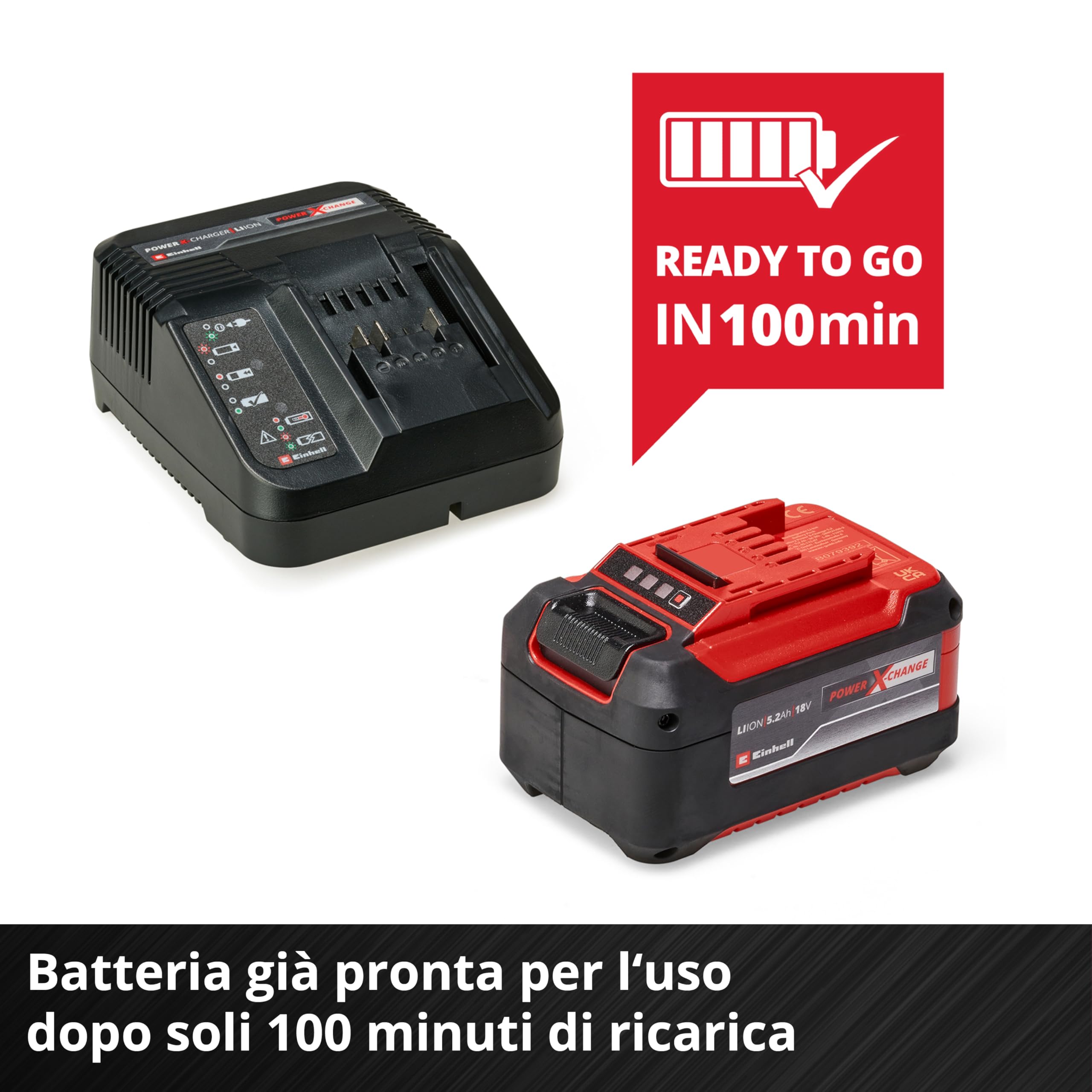 Original Einhell Batteria da 5,2 Ah e dispositivo di ricarica Power X-Change Starter Kit (ioni di litio, 18 V, tempo di ricarica di 100 minuti, adatto a tutti i dispositivi Power X-Change)