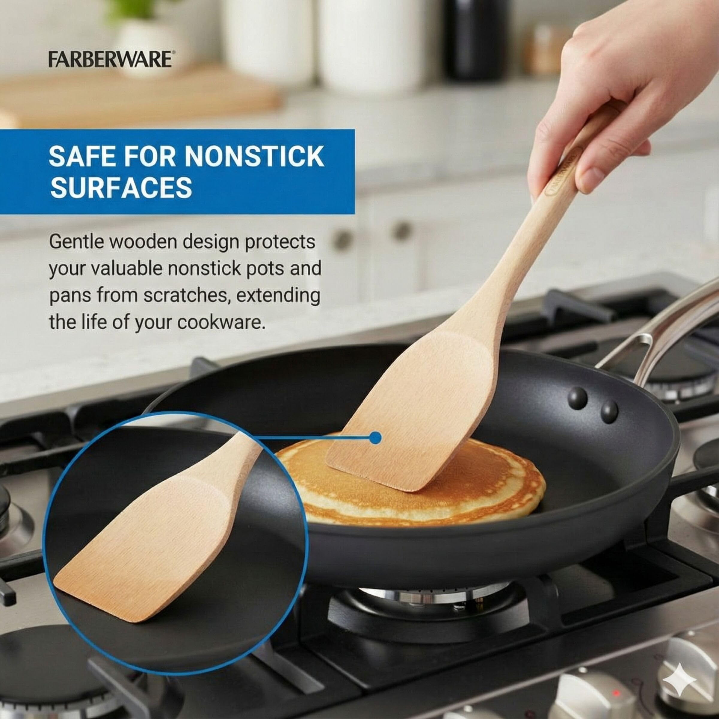 Farberware Beechwood Turner Spatula - Durable Wood Kitchen Utensil with Thin Tapered Edge, Safe for Nonstick Cookware, Perfect for Flipping Pancakes, Eggs, and More