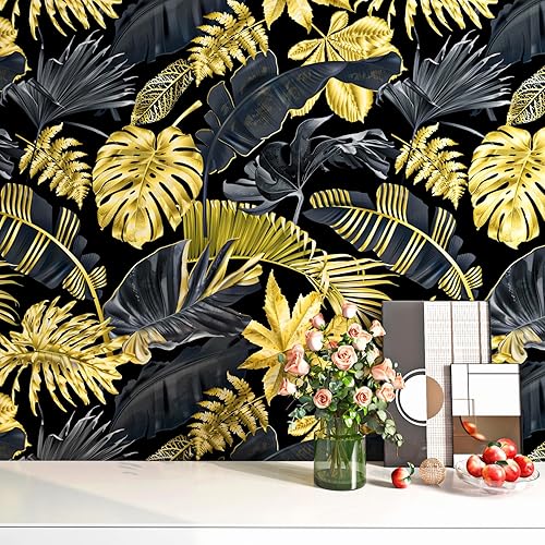 Miniatura 8 de FunStick Papel tapiz de hojas de palmera tropicales de 17.5 x 354 pulgadas, papel tapiz autoadhesivo con hojas negras y doradas, papel de contacto