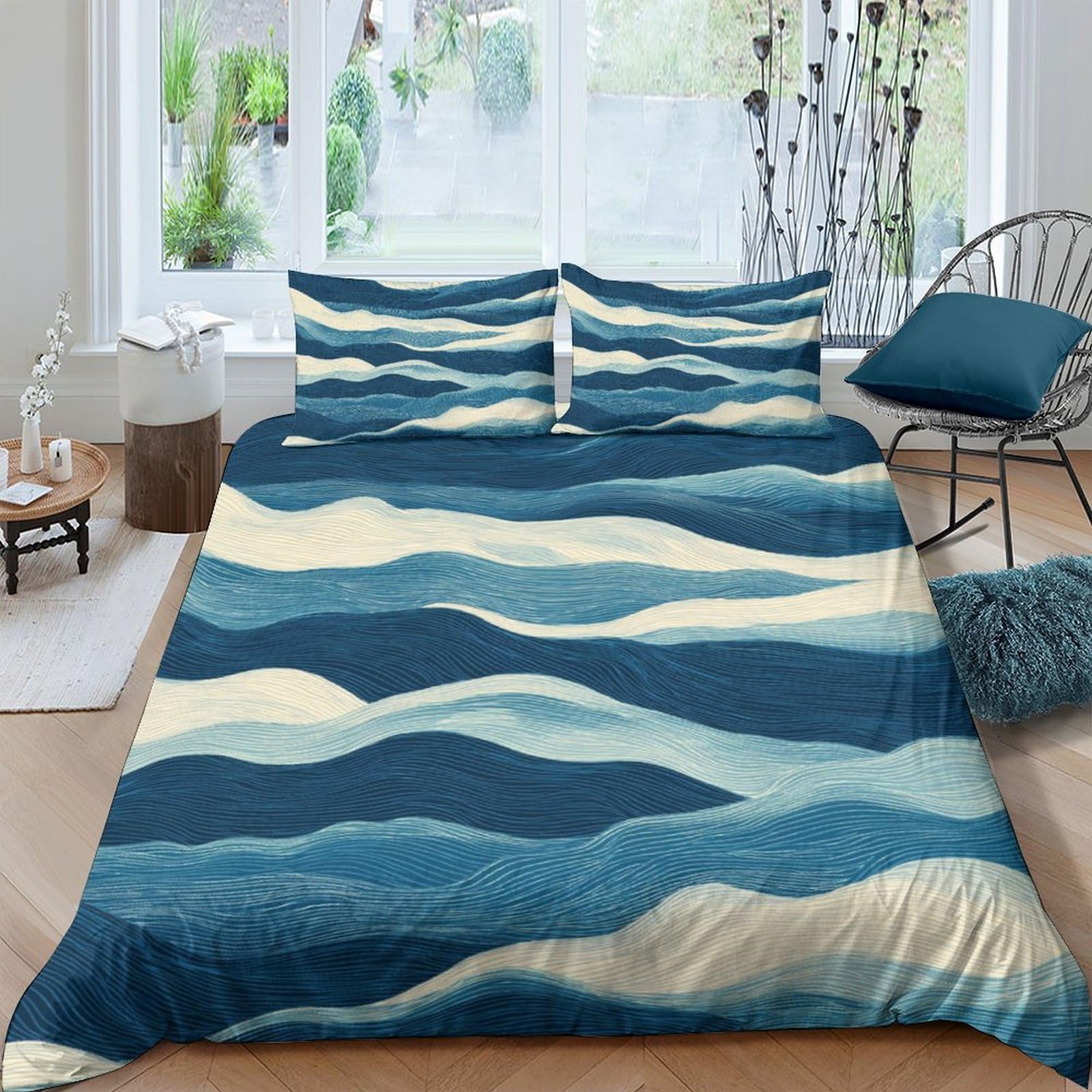 Ctjqhvkz Style-9 3D Printed Ocean Wave Fitted Sheet Microfiber Blue Gradient Mattress Cover For Bedroom Guest Room Easy Care Single（135X200cm）