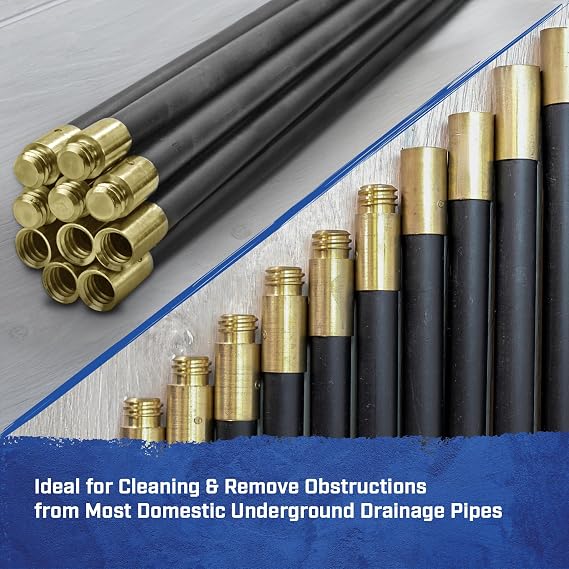 Faithfull Drain Rod Set 9M (30ft) – 10 x 920mm Flexible Screw-Together Rods with Crimped & Pinned Rustproof Connectors, 50mm Double Worm & 100mm Plunger for Blocked Domestic Drainage Pipes