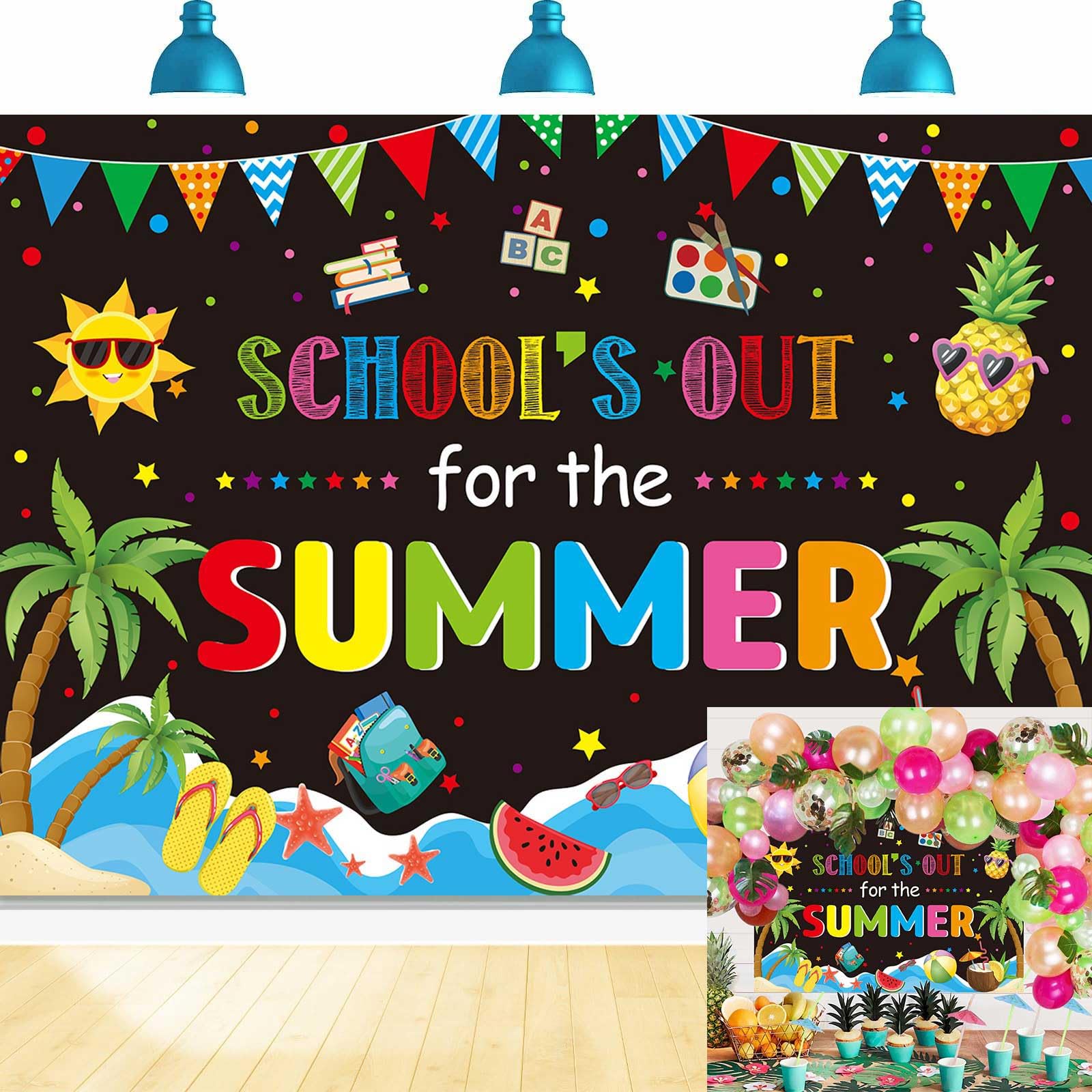 Toile de fond pour l'école - Décoration de fête de fin d'école - Fond de plage pour enfants - Vacances d'été - Décorations de fête - Bannière de décoration de table de gâteau (2,4 x 1,8 m)