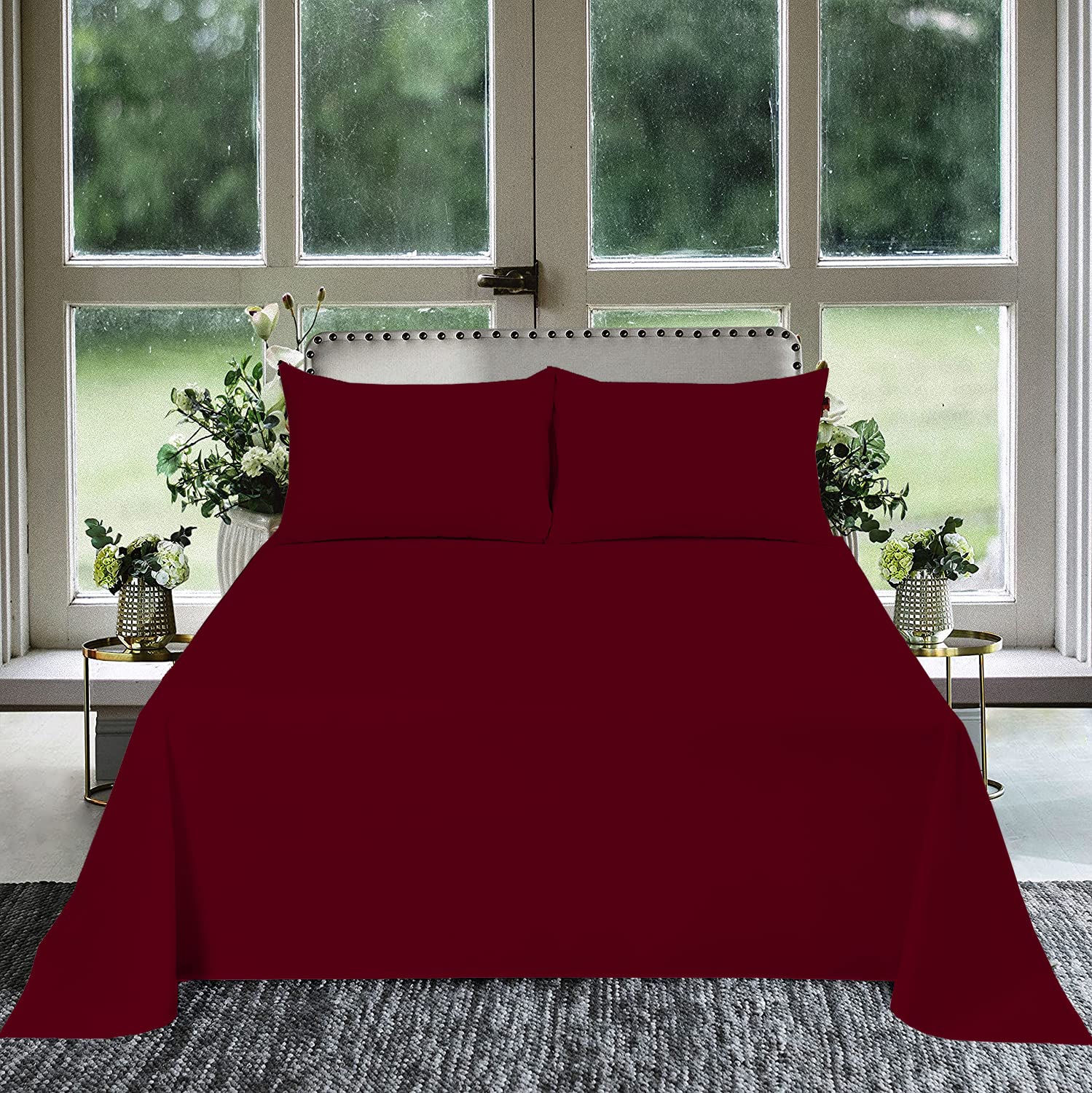 1Pcs Flat Sheet King (102 X 108) 800 Thread Count 100% Egyptian Cotton Luxury Quality Bedding Flat Sheet Burgundy Solid