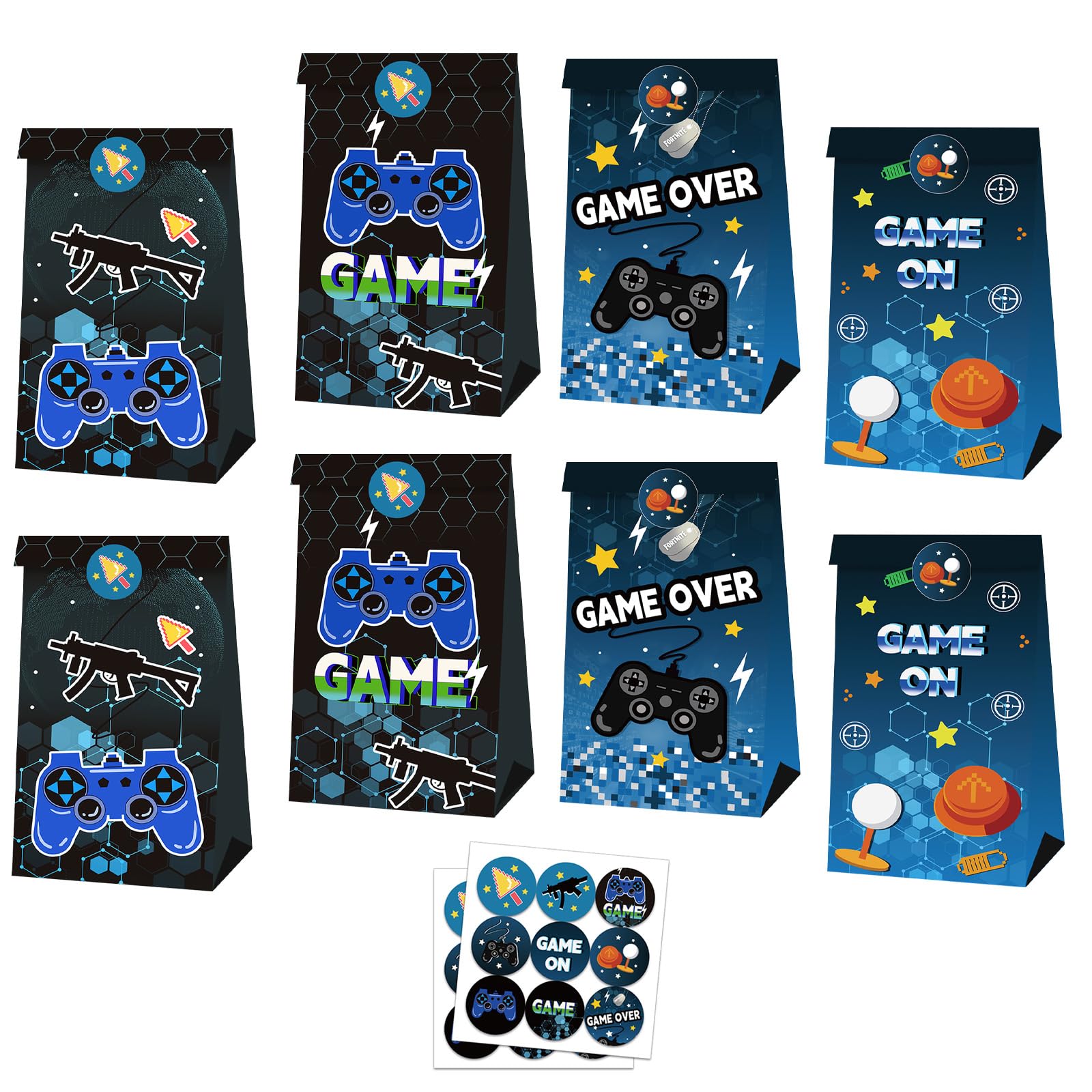 MORAINJAY 12 Pcs Game Party Bags, Blue Gamer Paper Gift Bags, Game Theme Favor Wrapping Bag, Kids Boys Birthday Party Decorations, with 18 Stickers