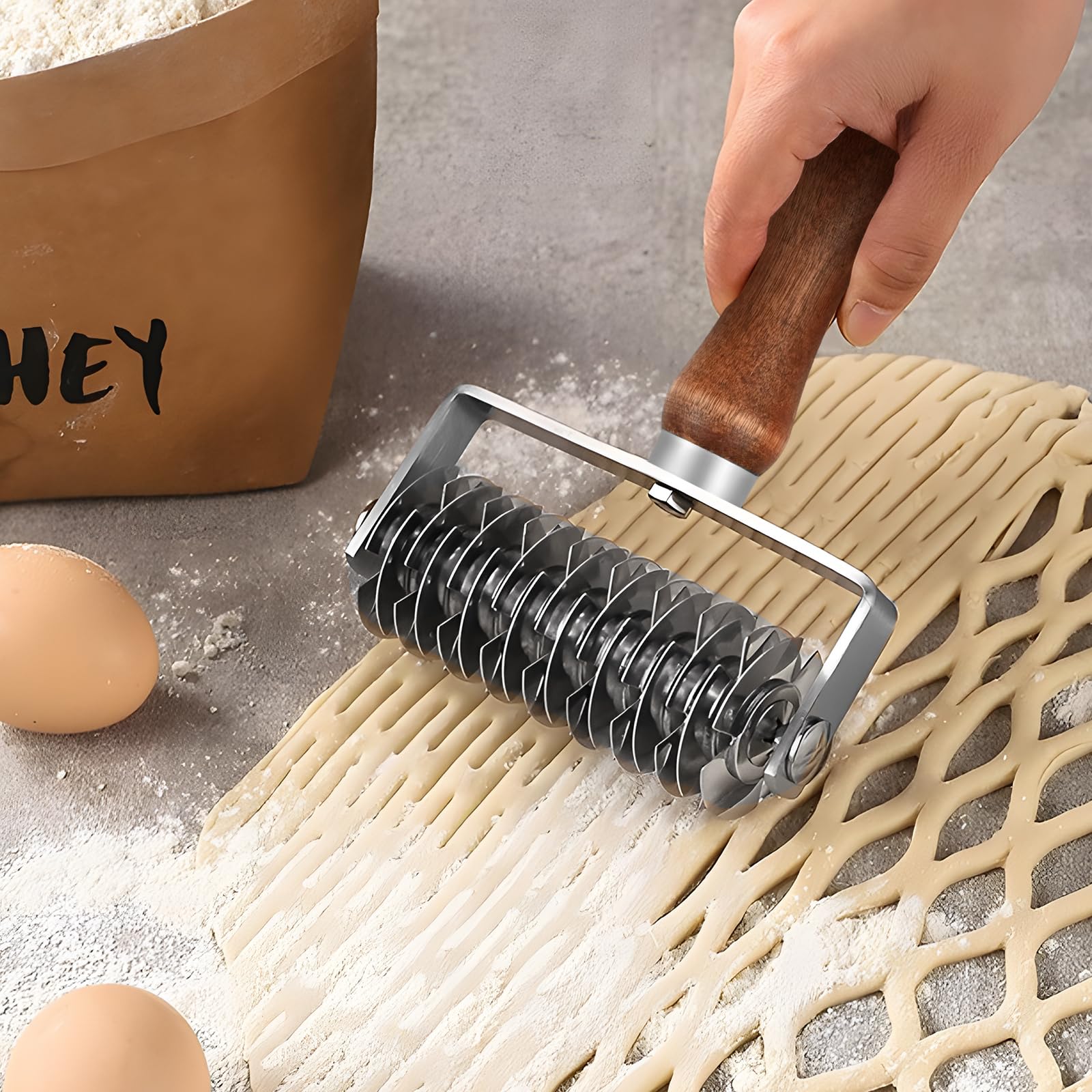 Lattice Pastry Cutter, Stainless Steel Lattice Roller Cutter Kitchen Cooking Cutter Pizza Wheel Roller Dough Cutter Pastry Tool with Wooden Handle for Pizza/Cookie/Bread/Pie Pastry Crust/Cake.