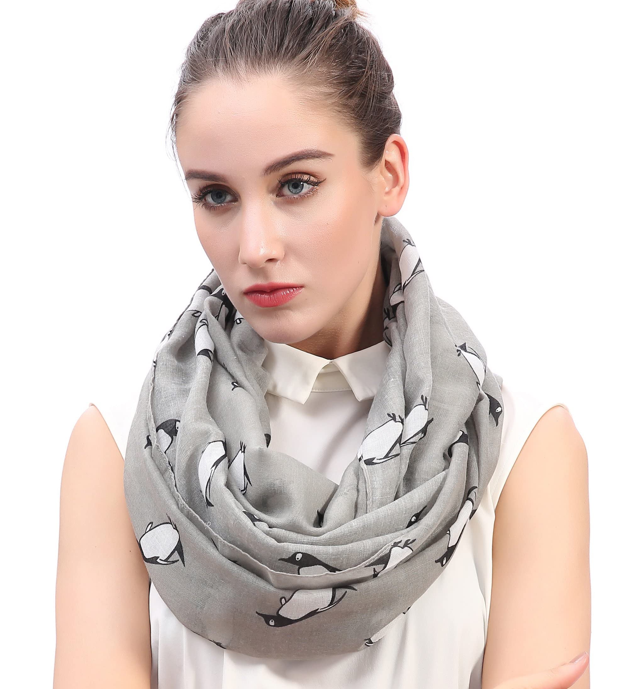 Lina & Lily Penguin Print Lightweight Snood Scarf (Grey)