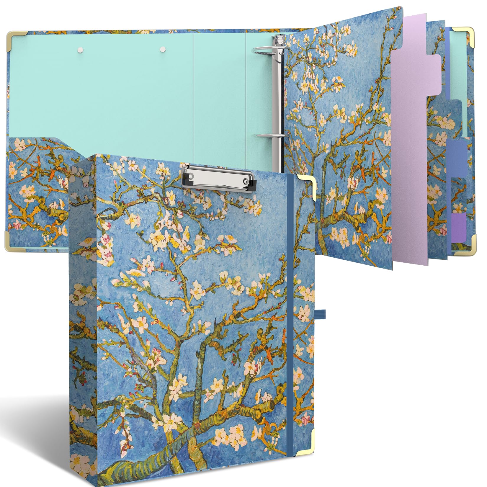 3 Ring Binder 2 Inch Round Ring Binder with 6 Tab Dividers，2 Interior Pockets，Cute Binder Clipboard with Storage, for School Office, Portfolio(Almond