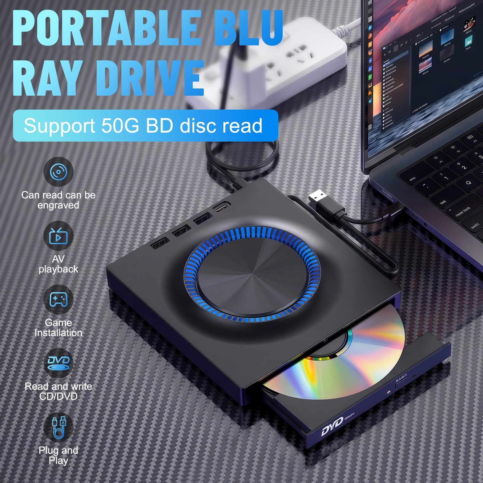 Lecteur Blu-ray externe, graveur Blu-ray 7 en 1, graveur de DVD/CD avec lumière ambiante RVB, lecteur Blu-ray portable ultra fin avec port SD