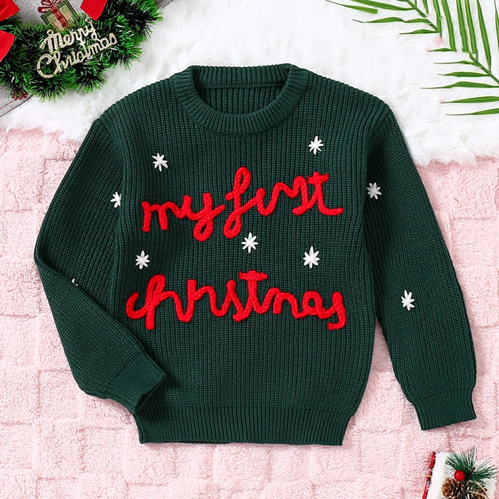 RNTOP Baby Girls Boys Knit Sweater Christmas Outfit Long Sleeve Crewneck Pullover Embroidery (Green, 18-24 Months)