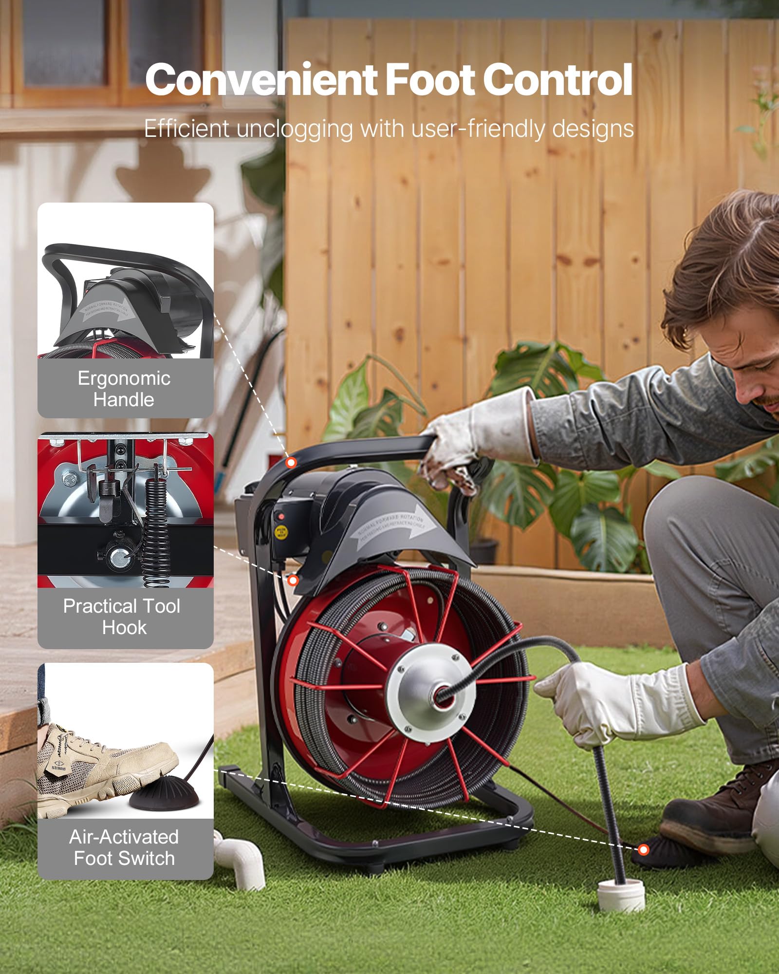 VEVOR Rohrreinigungsmaschine mit Manuellem Vorschub, 23m x 13mm Rohrreinigungsspirale aus Kohlenstoffstahl, Abflussreiniger für 50-150 mm Rohre, Rohrreinigungsgerät für Abflüsse Toilette Waschbecken