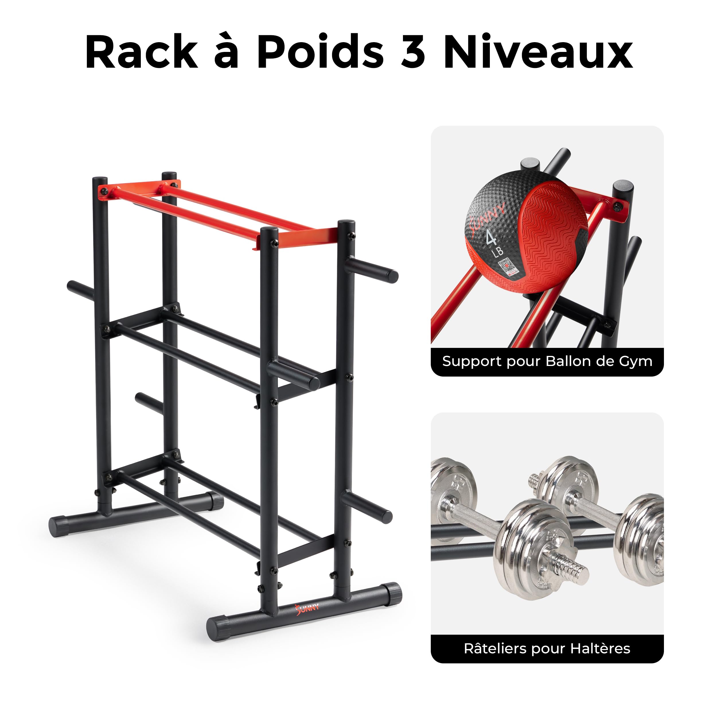Sunny Health & Fitness Support de rangement multi-poids pour haltères, kettlebells, plaques de poids olympiques, haltères et ballon de médecine, support d'entraînement en métal robuste pour salle de