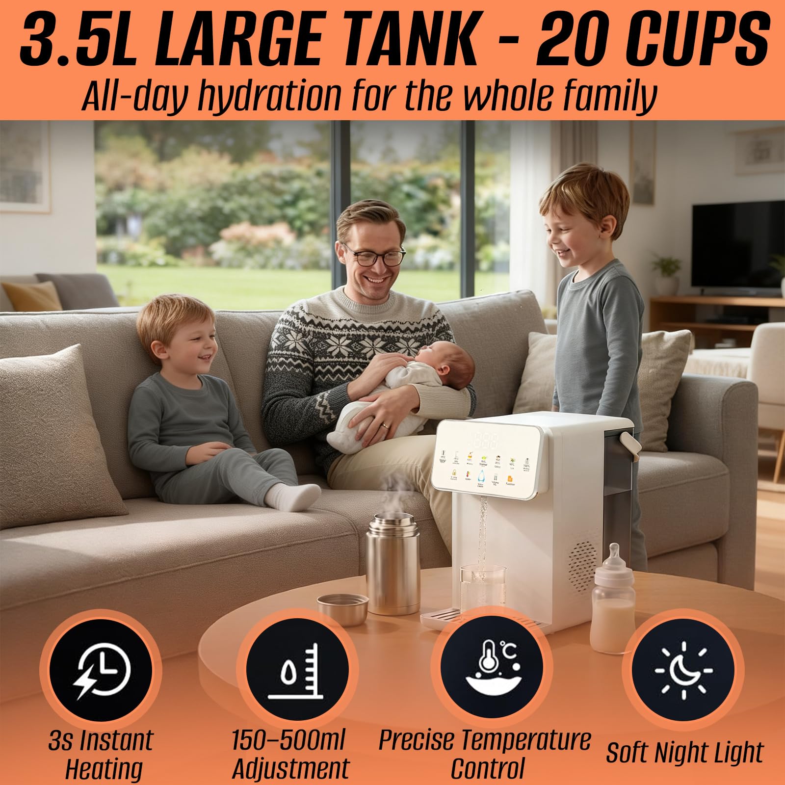 3,5 L Heißwasserspender mit Ultrafiltration, 3s Sofort Heißes Wasser, 7 Temperaturstufen, 8 Wassermengen, Kindersicherung & Trockengehschutz, für Tee, Babynahrung & Büro