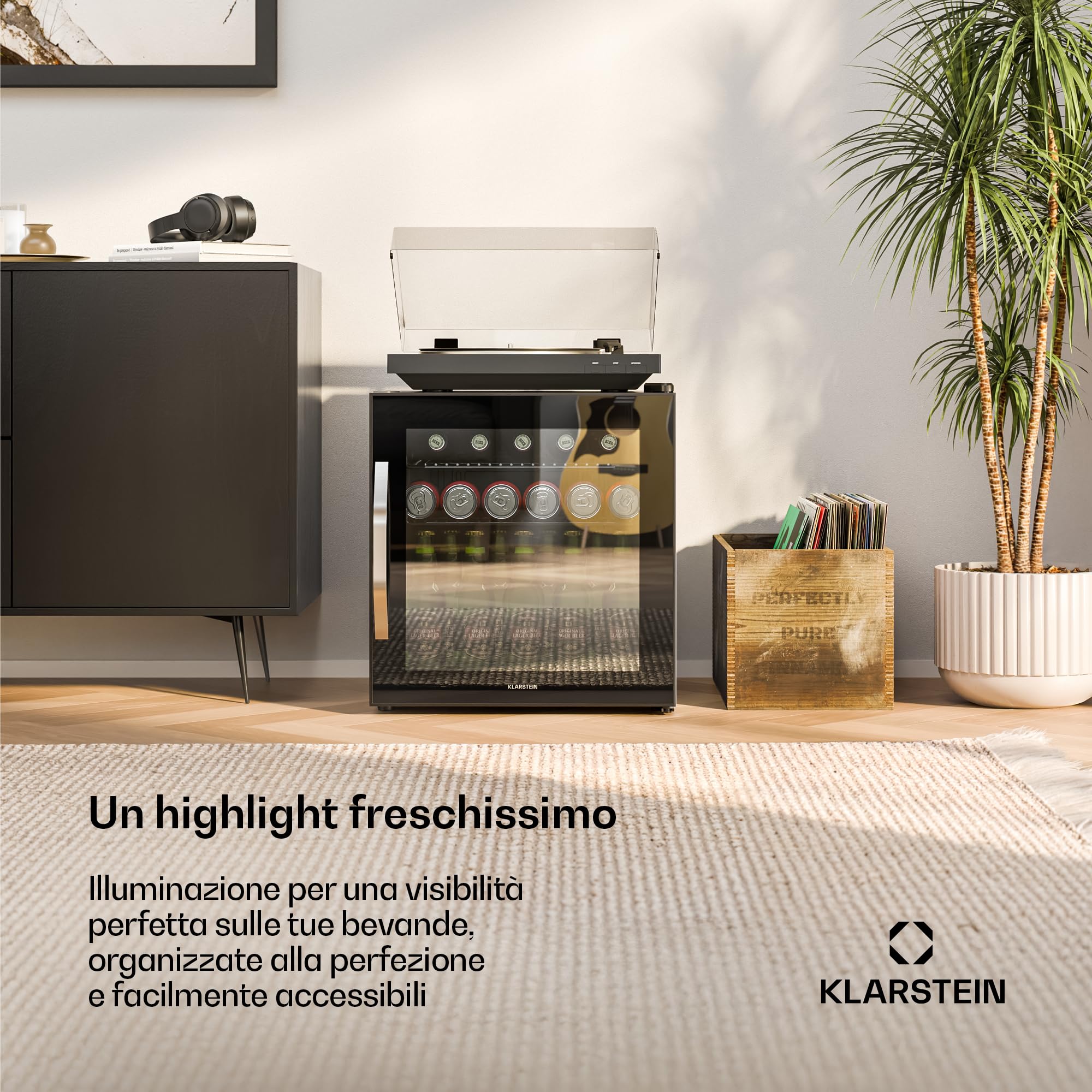 KLARSTEIN Frigo Vetrina Bibite 47L - Porta in Vetro a Specchio, LED, Temperatura 0-13°C, 2 Ripiani Removibili, Frigorifero Vetrina Bibite, Design Moderno