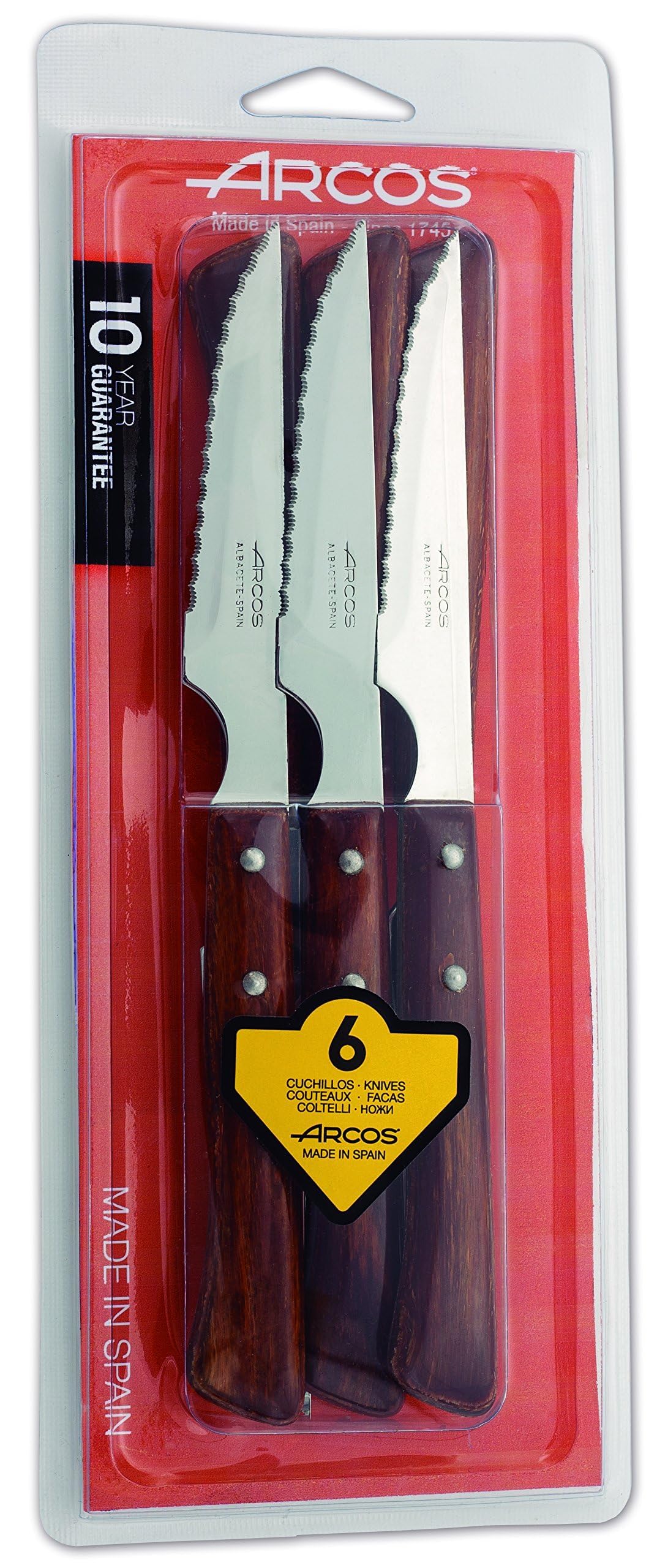Arcos Juego 6 Cuchillos carne. Paquete Cuchillos chuleteros con filo de perla para cortar y filetear carne. Hojaerrada Acero Inoxidable y mango madera haya. Serie Mesa. (Paquete de 2)