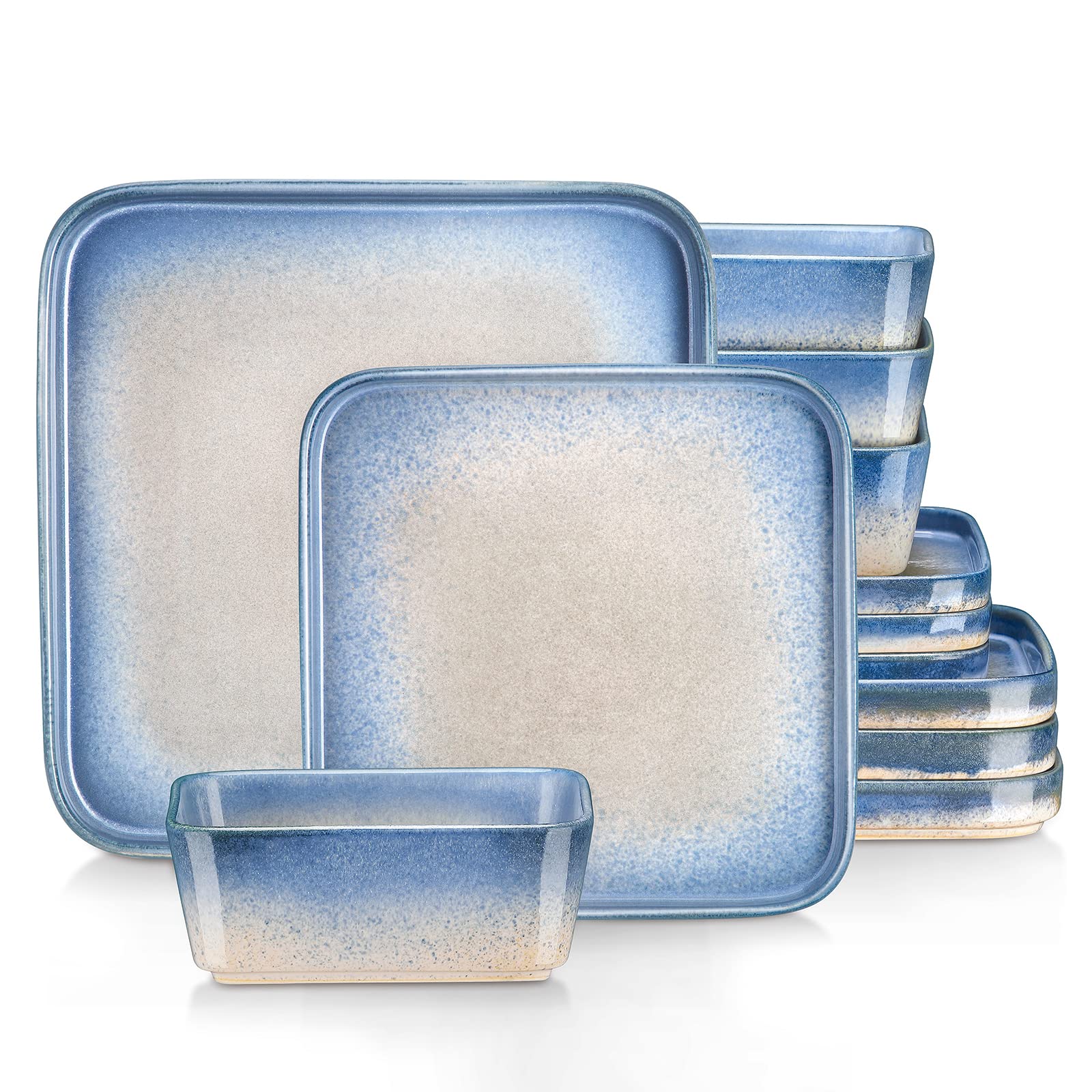 vancasso Dinner Sets, Square Reactive Glaze Crockery Set, 12-Piece Ceramic Plates and Bowls Set with Dinner Plate, Dessert Plate and Bowl. Vintage Blue Look, Service for 4
