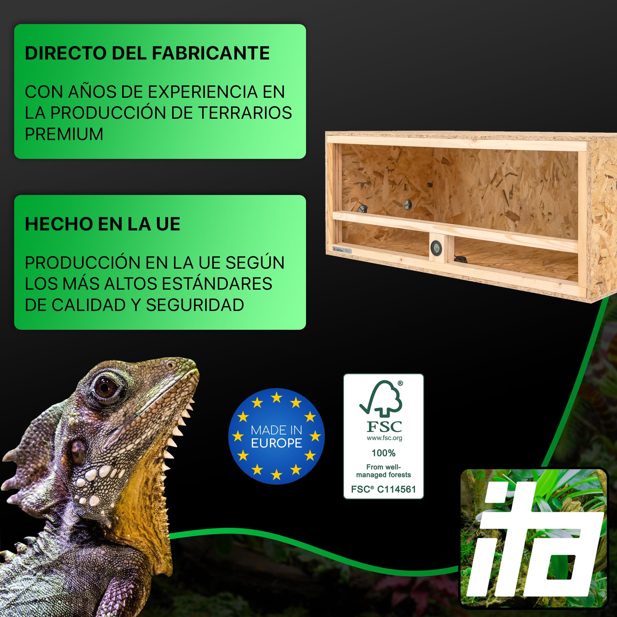 ITA Terrario de Madera 100x50x40 cm con ventilación Lateral e higrómetro Integrado - Terrarios de OSB-3 - para Reptiles, Serpientes, Anfibios - Producto UE, Certificado FSC