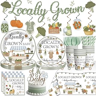 140 Pcs Locally Grown Baby Shower Decorations, Locally Grown Baby On The Way Tableware Set, with Banner, Cake Topper, Tablecloth, Plates and Napkins, Service 20 Guests