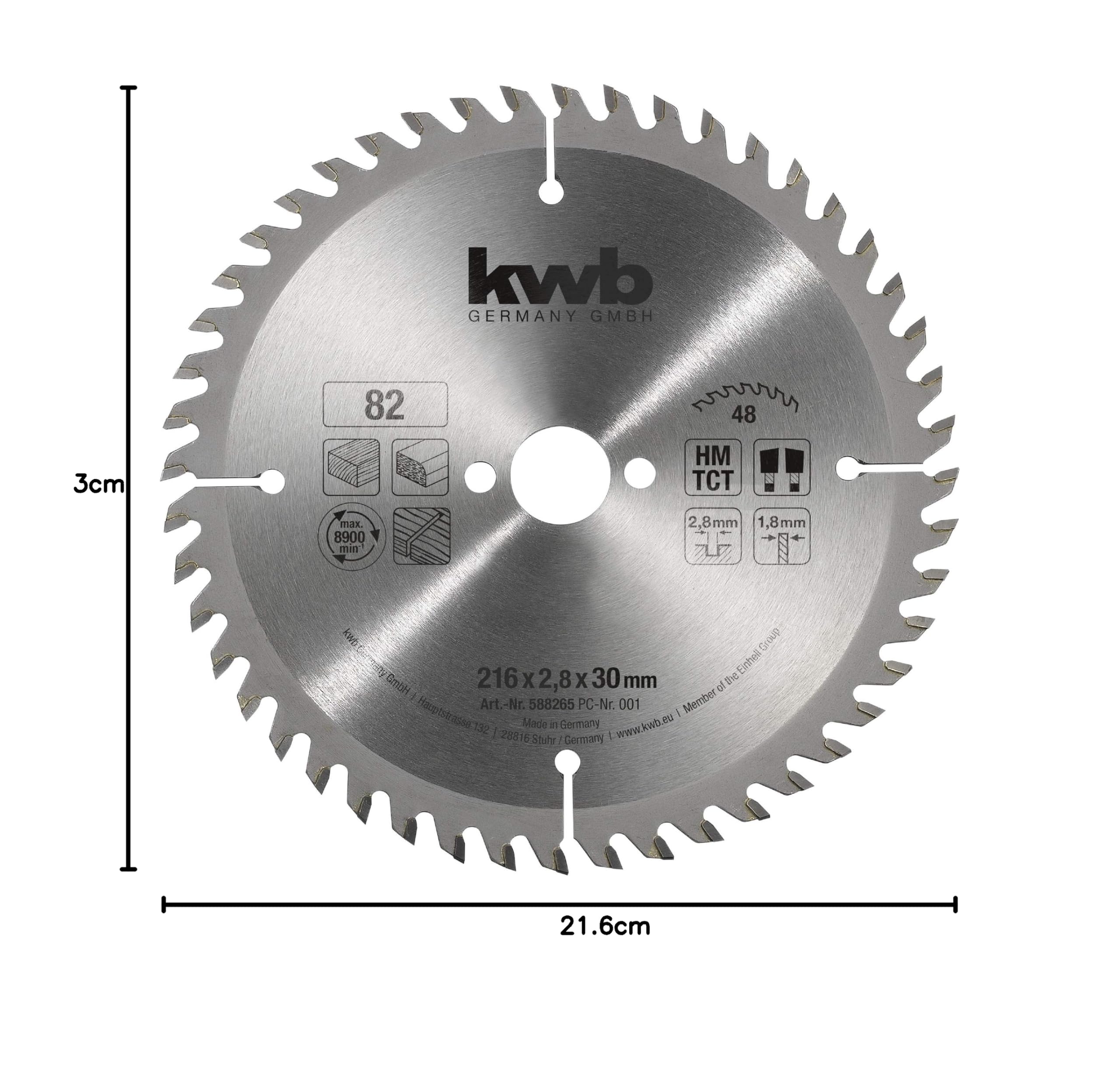 kwb Hoja de sierra circular de 216 x 30 mm, corte muy fino, apta para encimeras, madera y placas revestidas