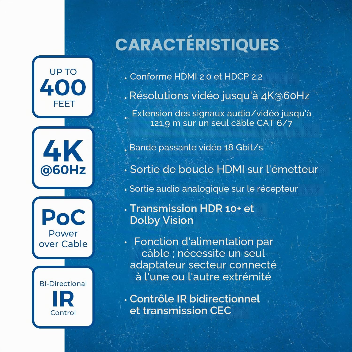Orei - Rallonge HDMI 4K - HDBaseT UltraHD 4K @ 60 Hz 4:4:4 sur câble simple CAT5e/6/7 avec contrôle HDR, CEC et IR, RS-232 - Jusqu'à 122 m - Boucle - Câble d'alimentation - Sortie audio