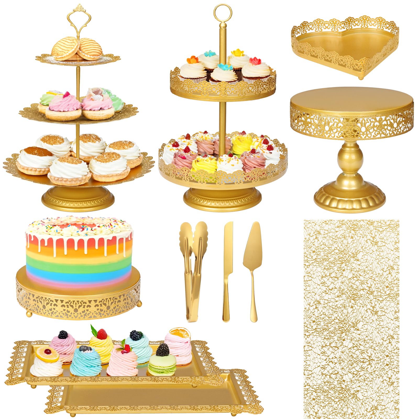 Juego de 10 soportes dorados para tartas, soporte de metal para cupcakes, mesa de postre, bandeja de servir para cumpleaños, boda, fiesta, celebración