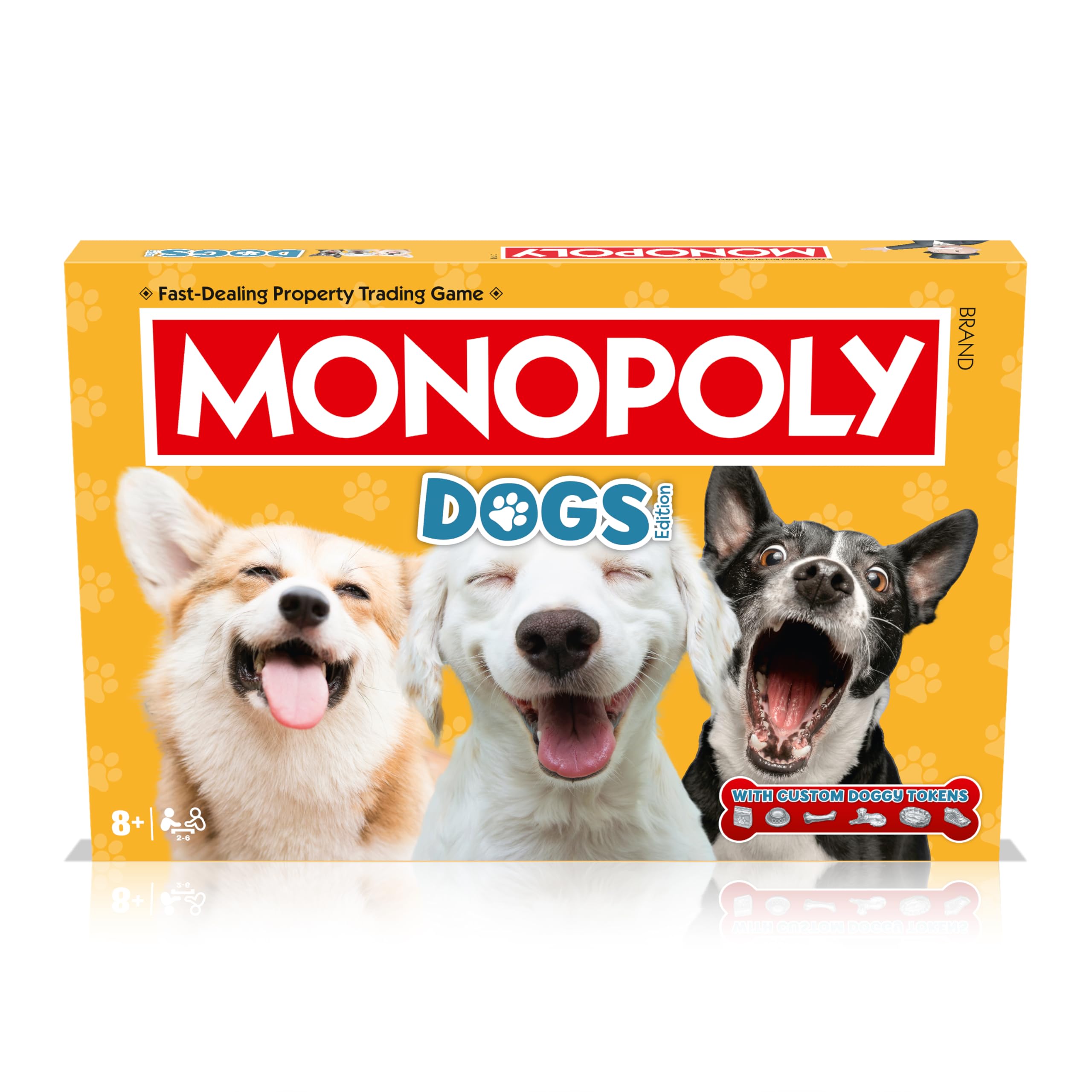 Winning Moves Dogs Monopoly gra planszowa edycja angielska, baw się z ulubionymi psami z Pomeranian, Siberian Husky i Shiba Inu, zabawna rodzinna gra planszowa dla dzieci od 8 lat