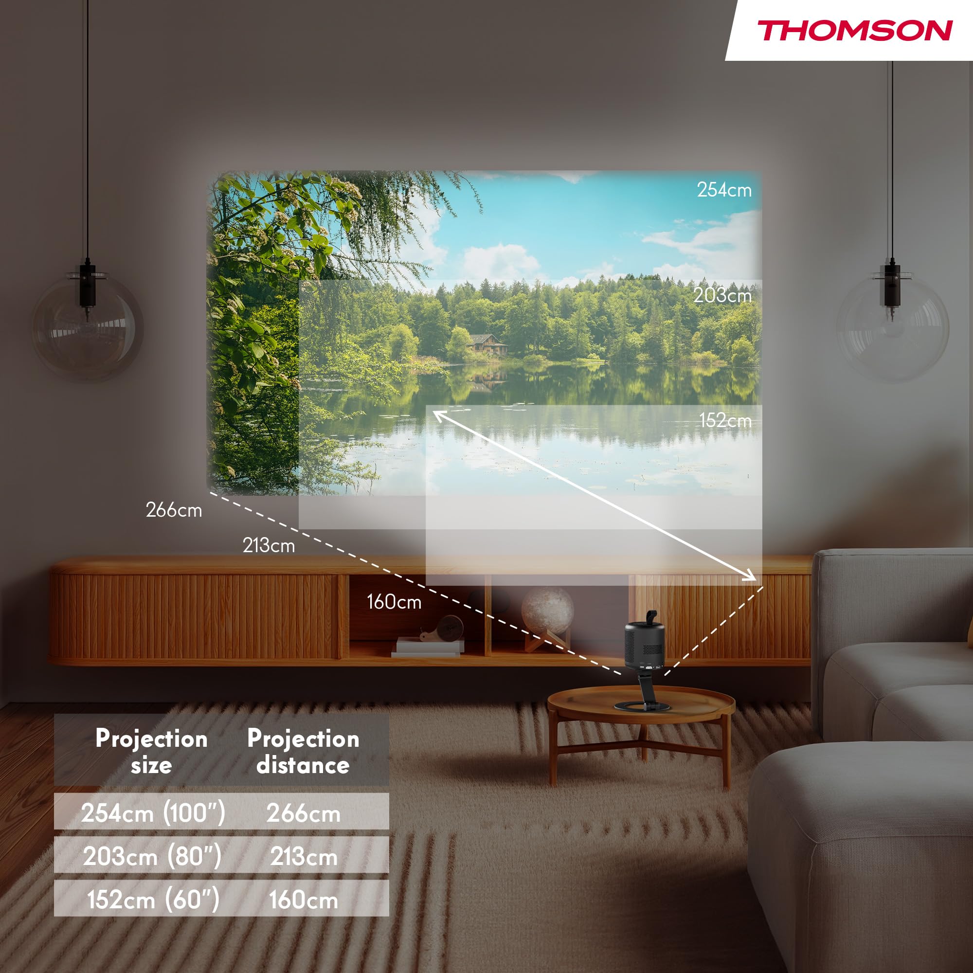 Thomson Vega PG35B Tragbarer Full HD Beamer, Smart LED Projektor mit Google TV, integriertem Akku, 350 ANSI Lumen, Autofokus, HDR10, Dolby Digital+, WiFi, Projektion an die Decke – Hartschalenkoffer