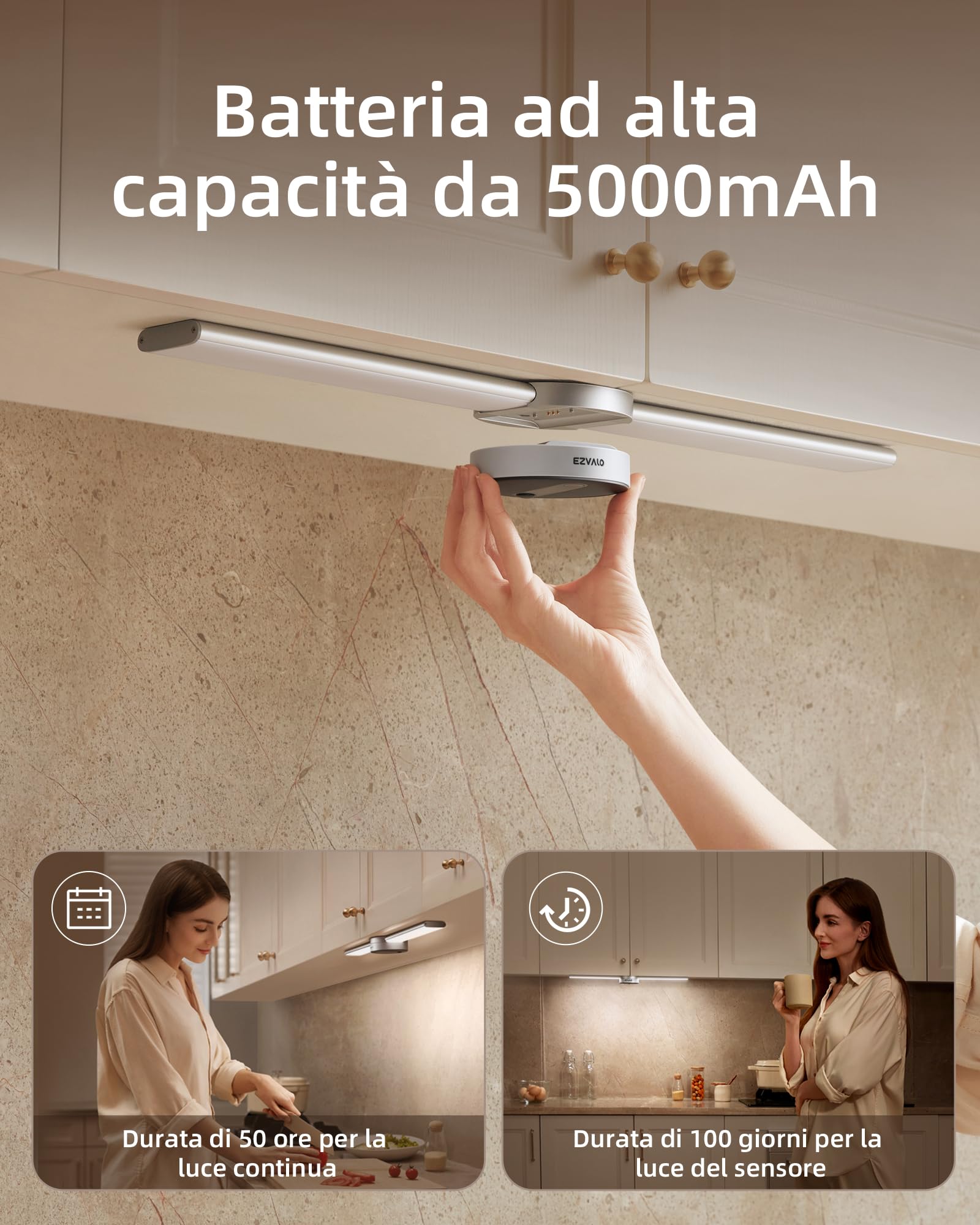EZVALO Luce Armadio 55cm, Luce Notturna Sensore Movimento, 5000mAh Ricaricabile Luce, Dimmerazione Manuale a Induzione a 3 Modalità, per Camere, Corridoi, Armadi, Cucine
