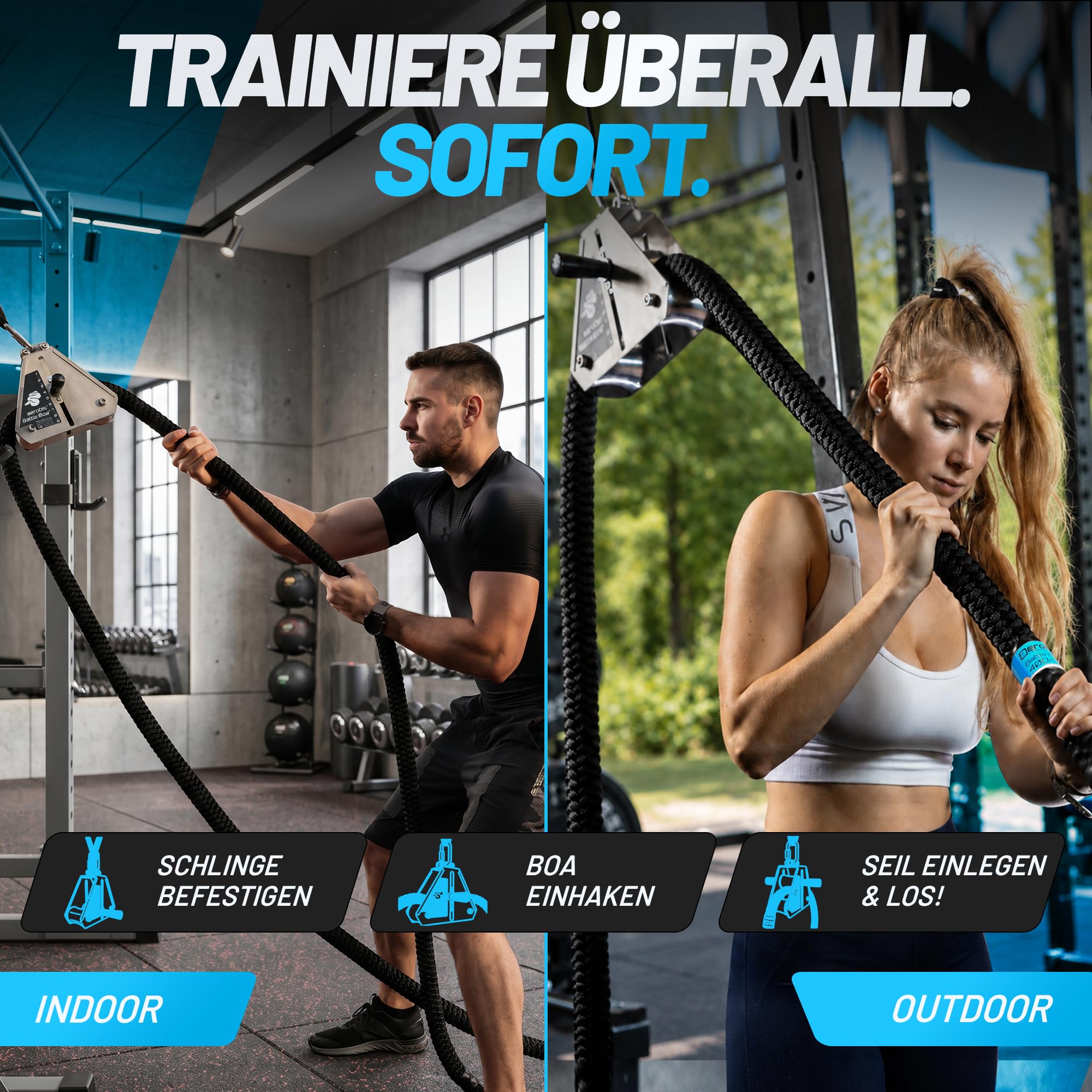 aerobis® Battle Boa – Battle Rope – Battle Ropes jusqu'à 60 mm comme appareil d'entraînement pour la force et l'endurance – Résistance réglable librement – Intérieur et extérieur