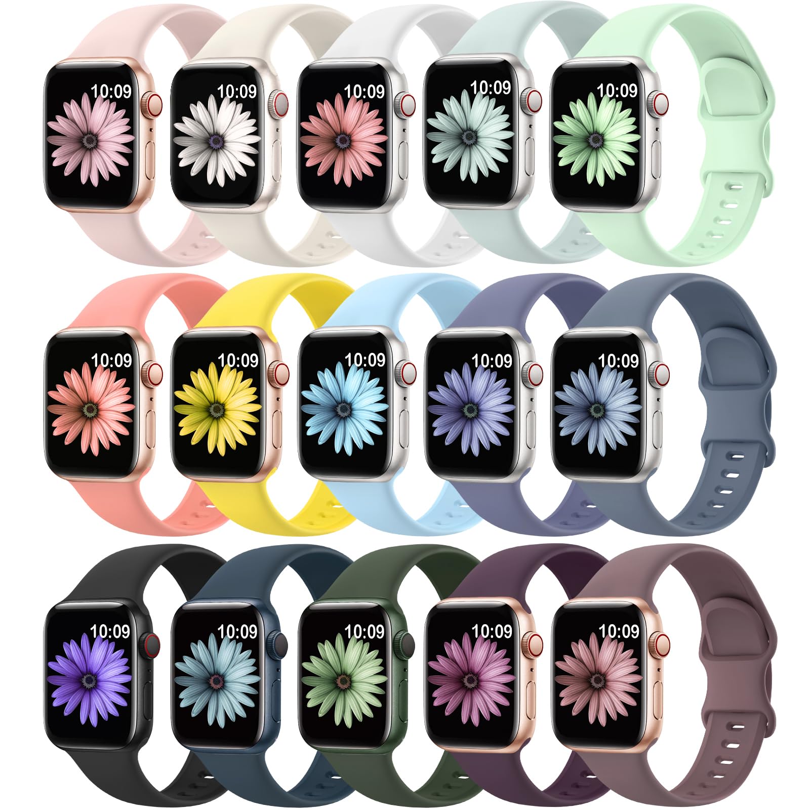 15 Pack Soft Silicone Bands Compatible with Apple Watch Band 40mm 41mm 38mm 45mm 44mm 42mm 46mm 49mm for Women Men,Sport iWatch bands Replacement Strap Wristbands for iWatch SE Series 10 9 8 7 6 5 4 3