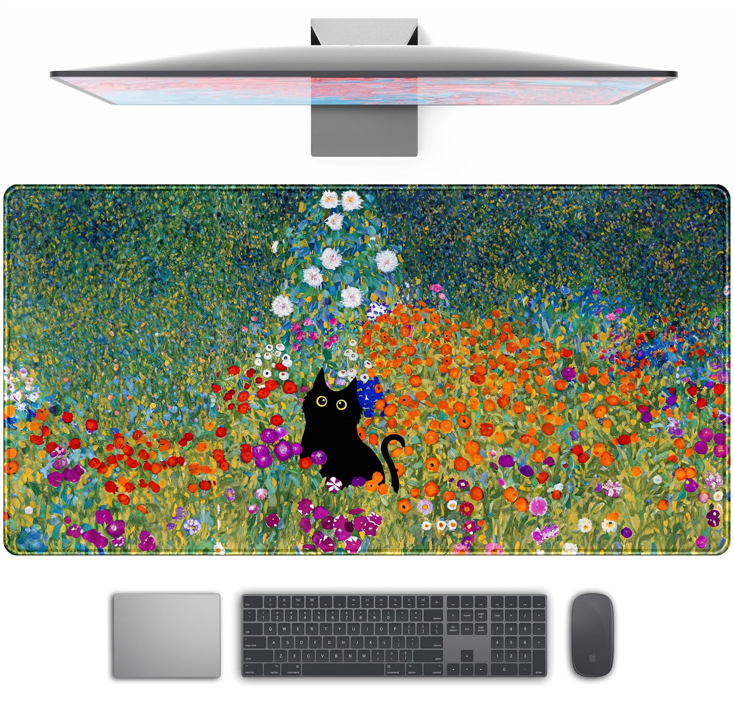 Desk Pad Cute Black Cat Oil Painting Art Floret Desk Mat Office Desk Decor Large Mouse Pad Gaming, XL Mousepad Women Office Desk Decor Laptop Keyboard