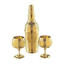Attro Elegant Carving Design Copper Signature 24K Gold Plated 1 Beer Bottle with 2 Glasses Sets
