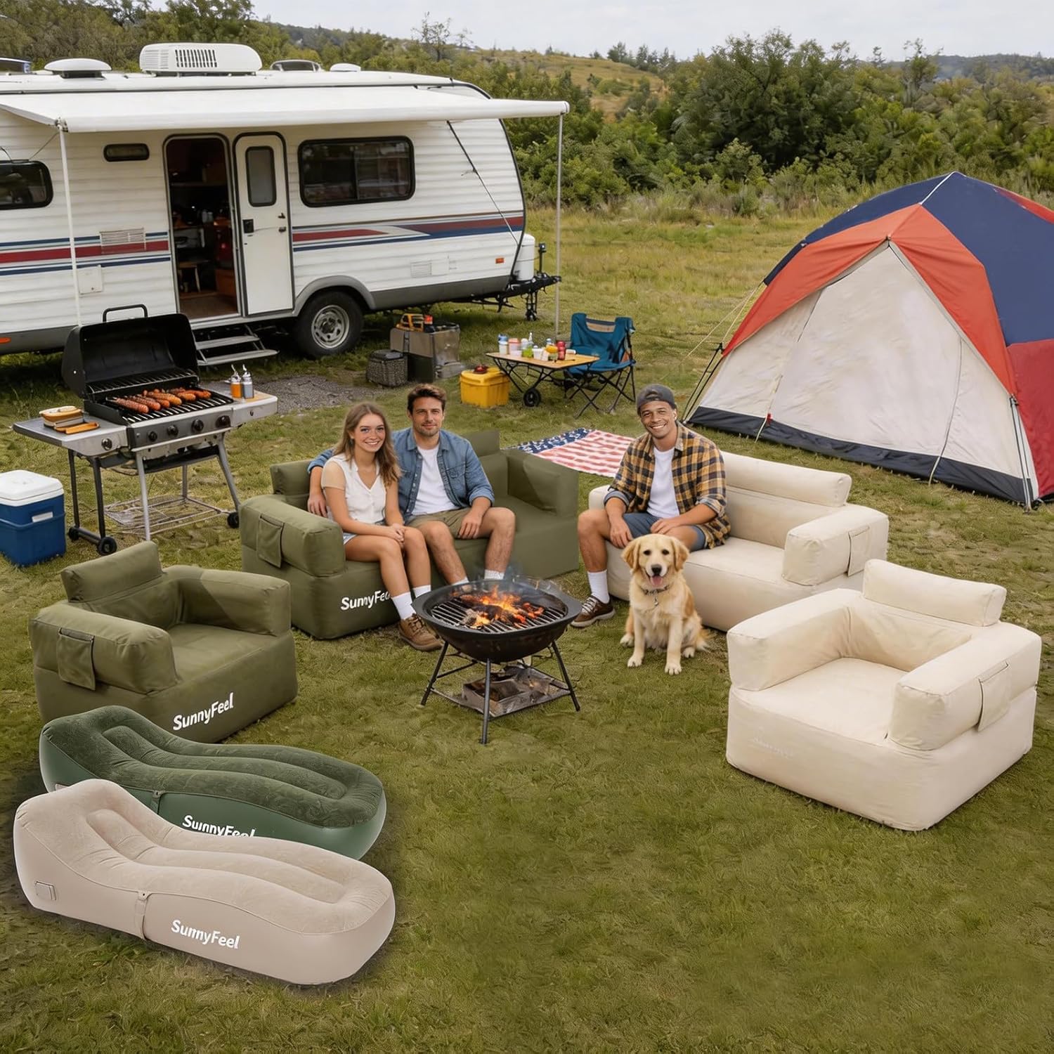 SUNNYFEEL Portable Inflatable Couch with Built-in Pump - Quick Setup 2-3 Person Outdoor Sofa for Camping & Backyard – Waterproof,Heavy-Duty Fabric That Handles Real Adventure,Army Green | Built-in pump, 1000D Oxford, Durable waterproof, PU coating