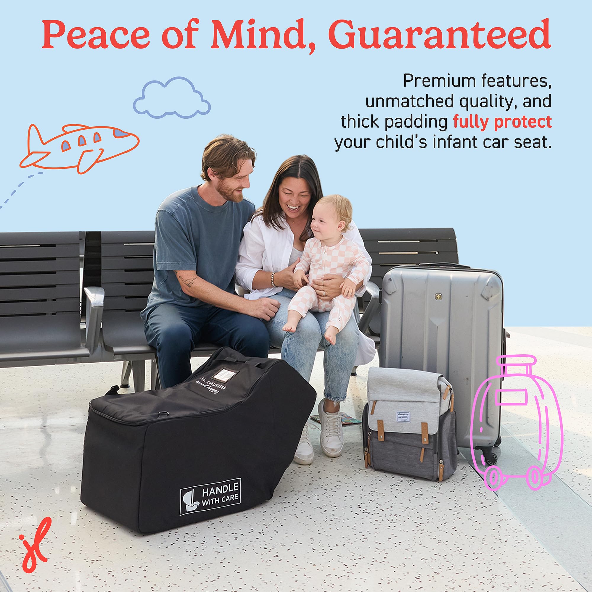 J.L. Childress Premier - Borsa da viaggio per seggiolino auto, imbottitura spessa, cinghie per zaino e supporto AirTag, compatibile con seggiolini auto UppaBaby, Nuna, Chicco e altri seggiolini auto