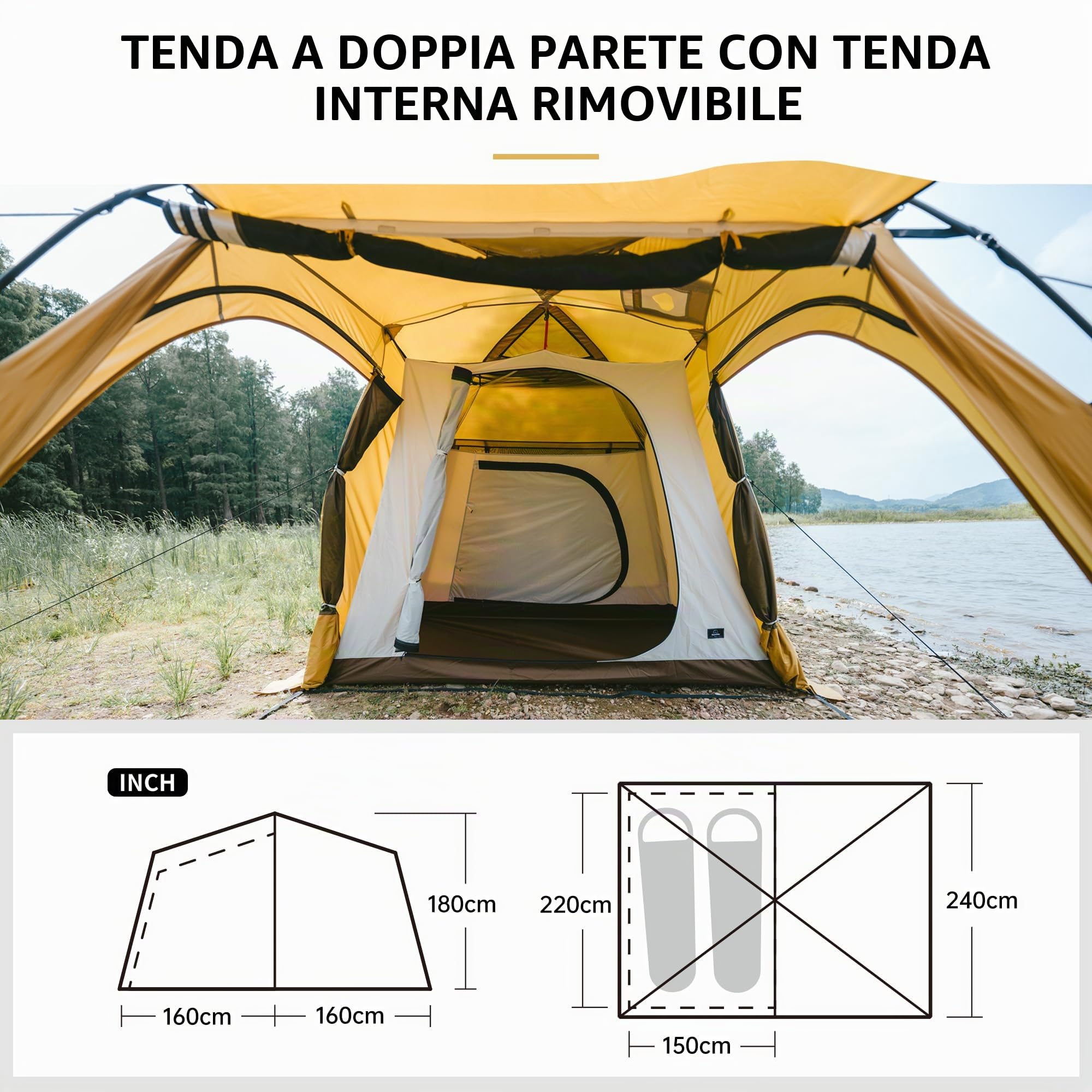 Naturehike Tenda Campeggio 2-4 & 3-6 posti Tenda Cucina Campeggio con Camino PU3000mm Tenda da sole impermeabile per la casa, adatta per viaggi in auto, zaino in spalla e campeggio