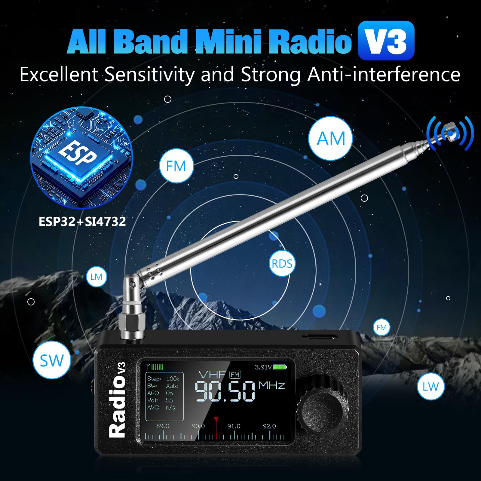 AURSINC Si4732 ATS Mini Radio V3 Pocket Shortwave Radio Receiver, HF SW MW VHF All Band, AM/FM/LSB/USB Mode, with 800mAh Battery for Outdoor Adventures, Travel, Daily Use