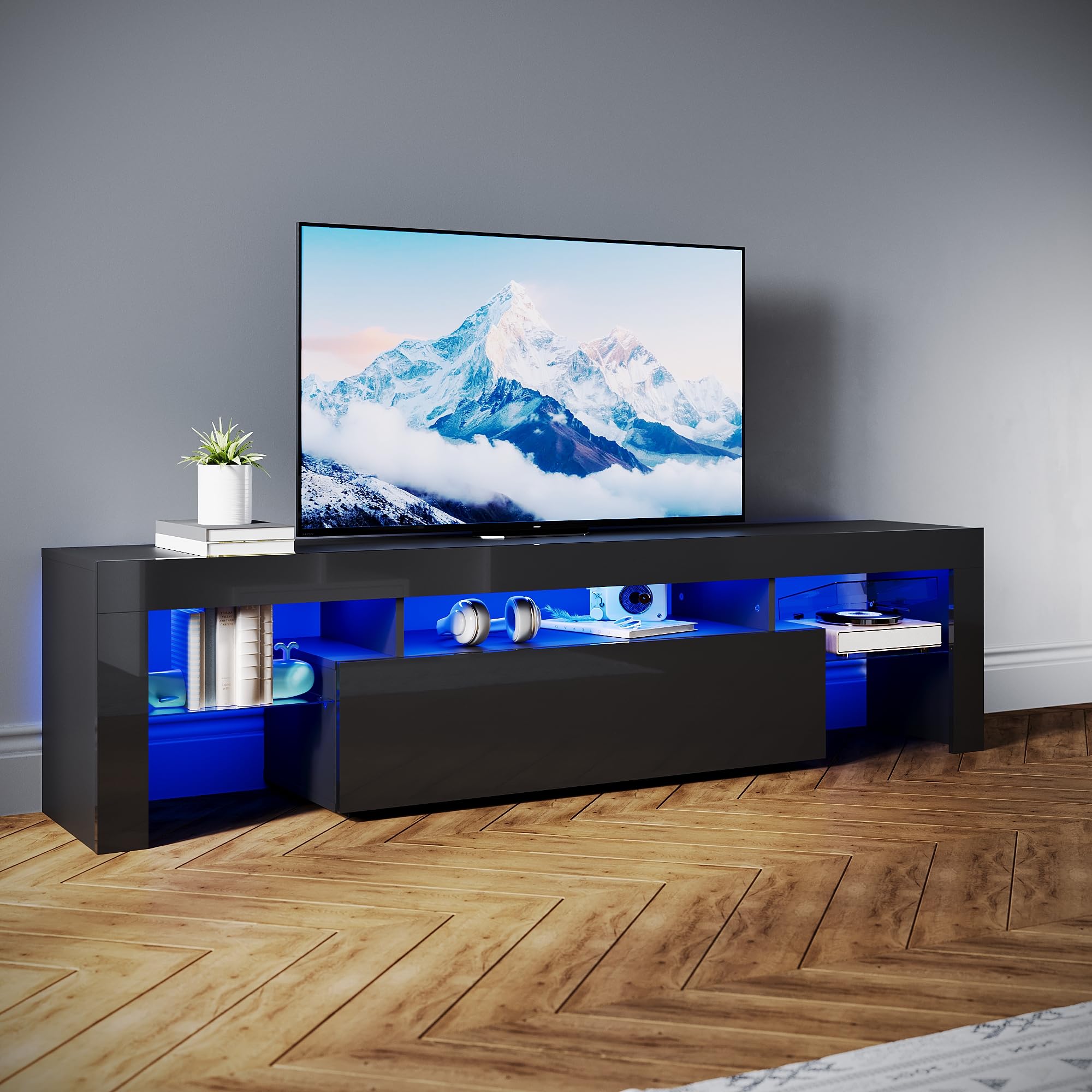 SONNI Mueble TV Negro con Luz LED Ajustable de 12 Colores con Mando a Distancia, Mesa TV Sálon Madera con Estantes Cristal 180 CM
